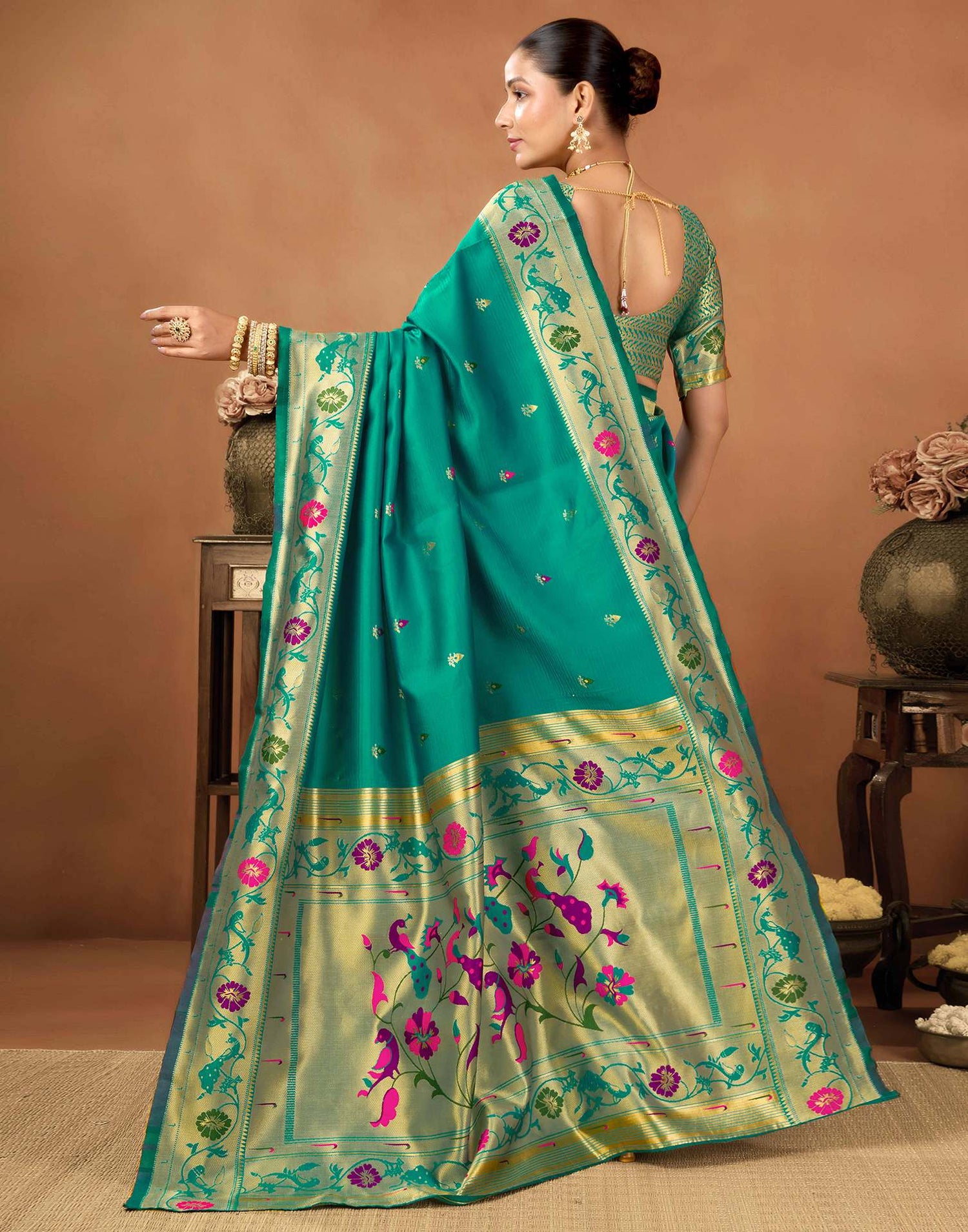 Teal Green Silk Woven Paithani Saree