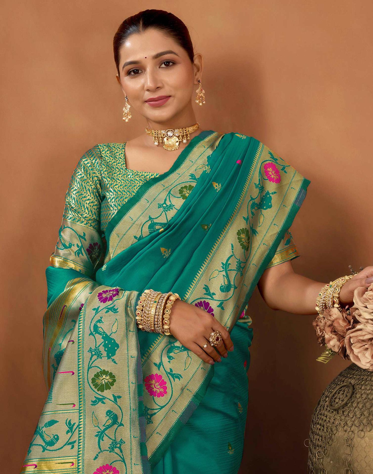 Teal Green Silk Woven Paithani Saree