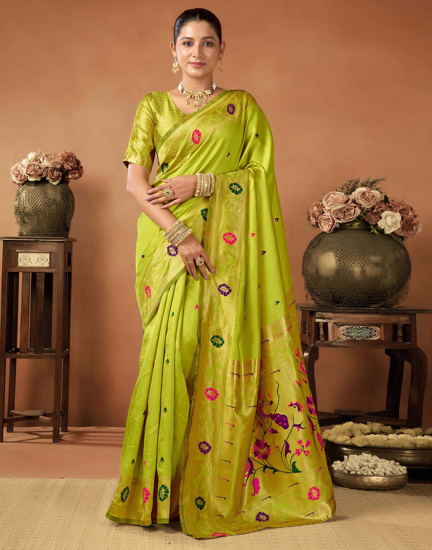 Lime Green Silk Woven Paithani Saree