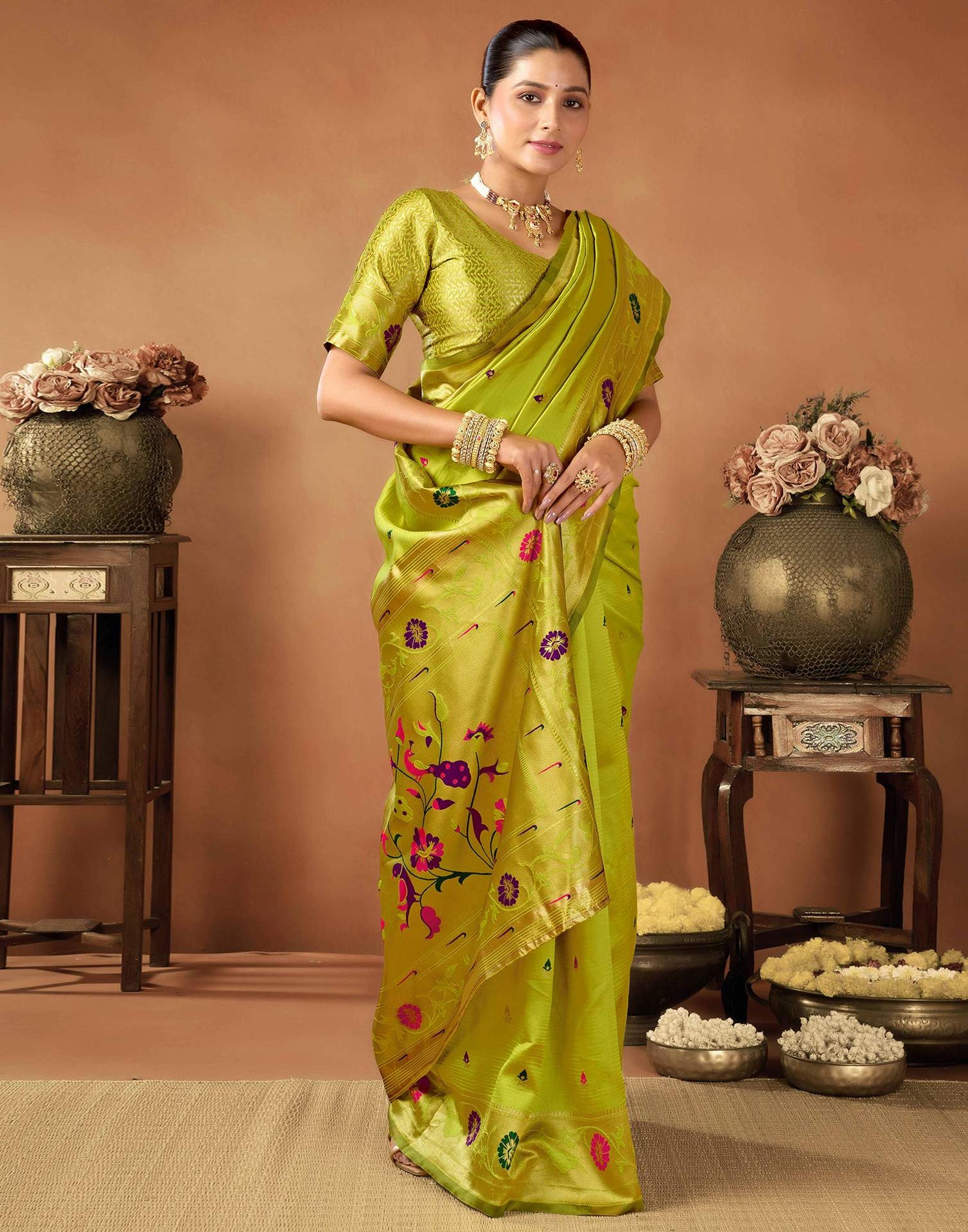 Lime Green Silk Woven Paithani Saree
