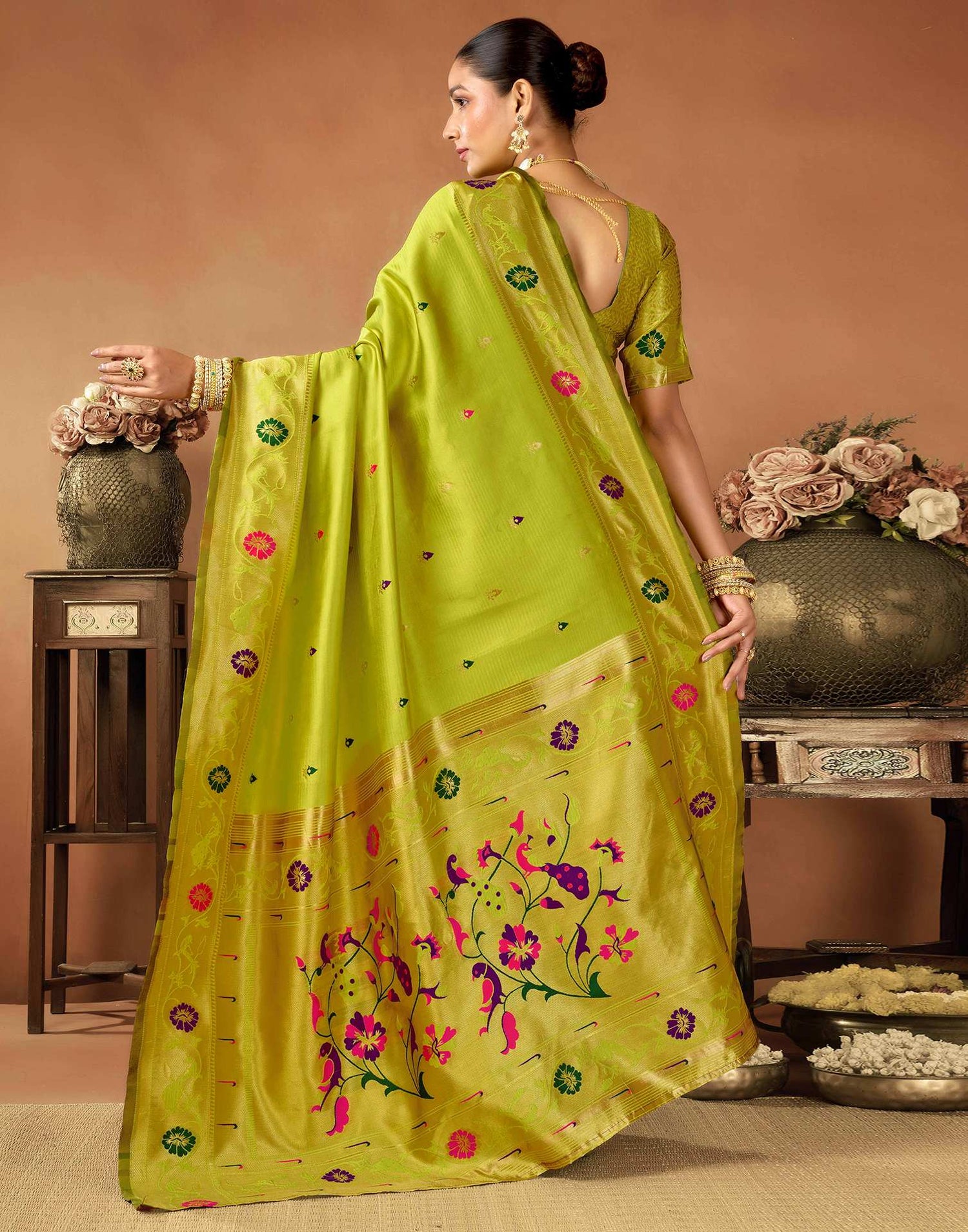 Lime Green Silk Woven Paithani Saree