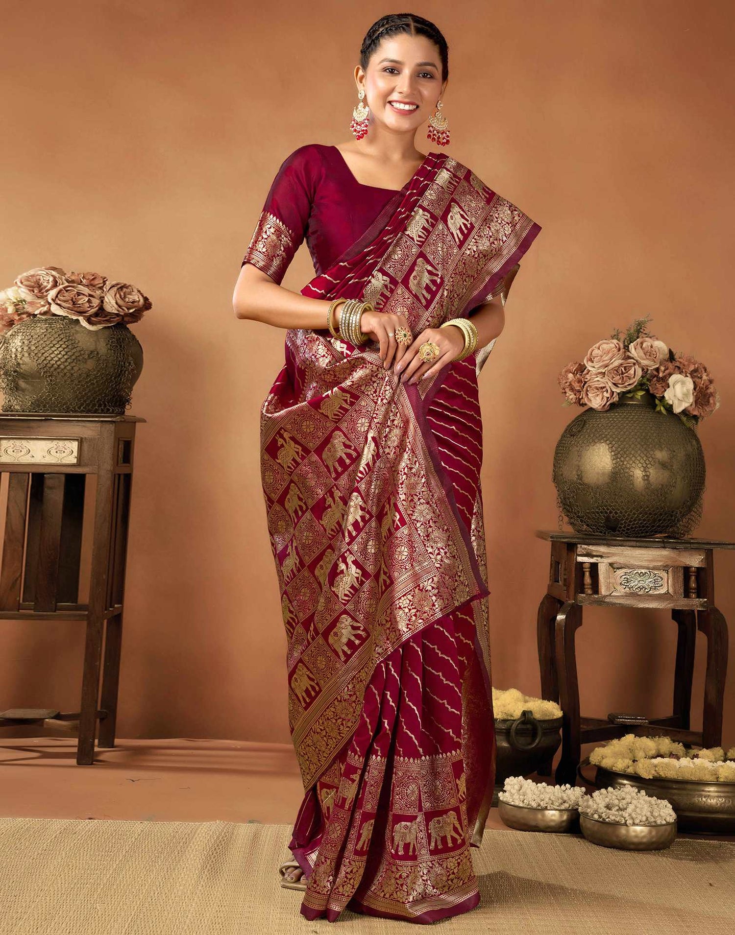 Maroon Silk Woven Saree