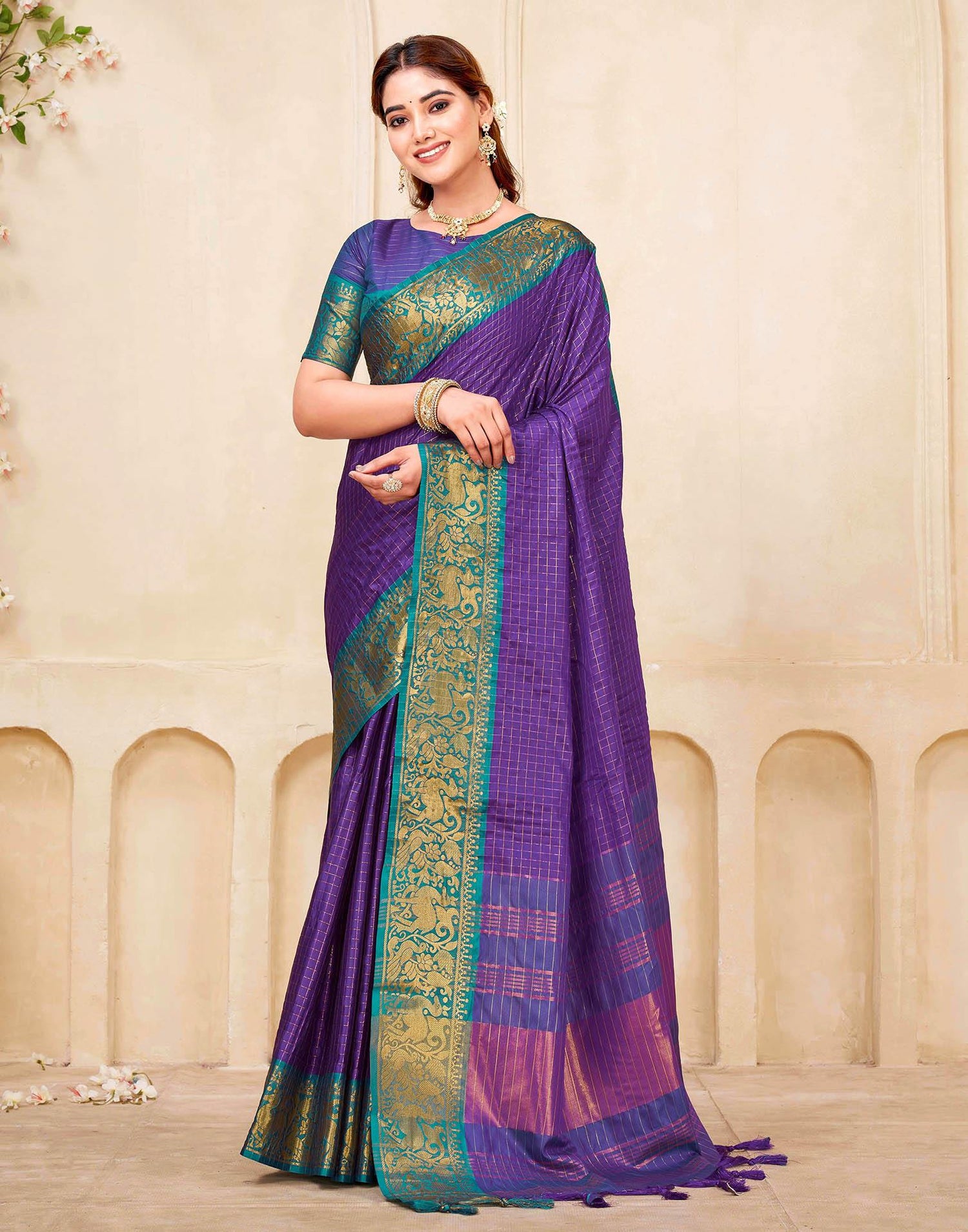 Dark Purple Silk Woven Kanjivaram Saree