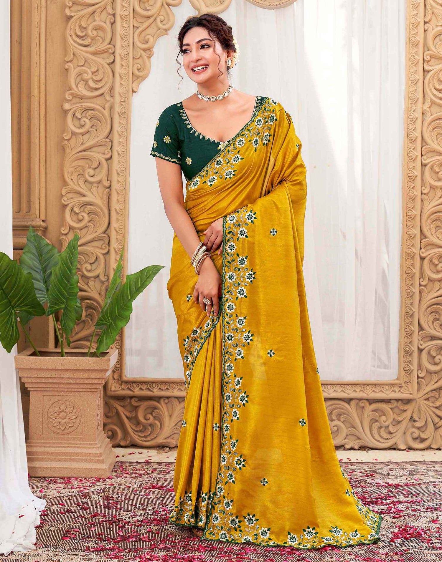 Mustard Yellow Silk Sequence Embroidery Saree