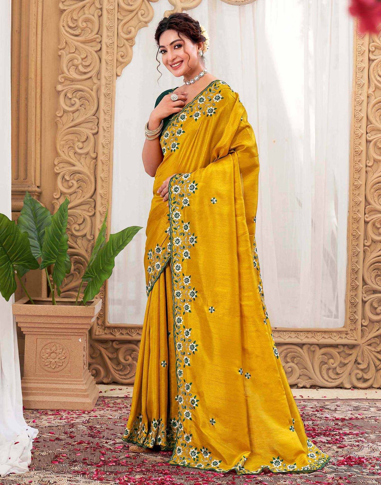 Mustard Yellow Silk Sequence Embroidery Saree