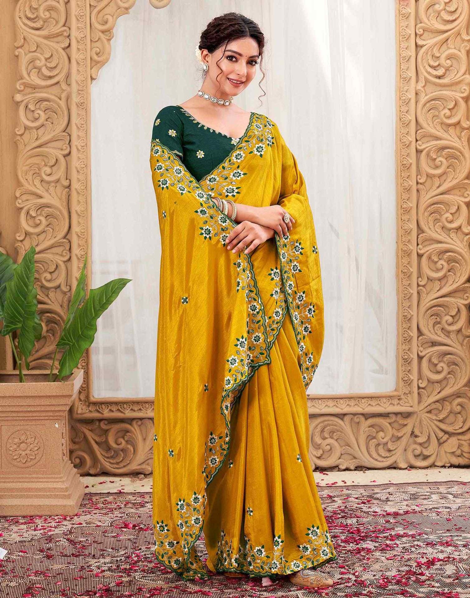 Mustard Yellow Silk Sequence Embroidery Saree