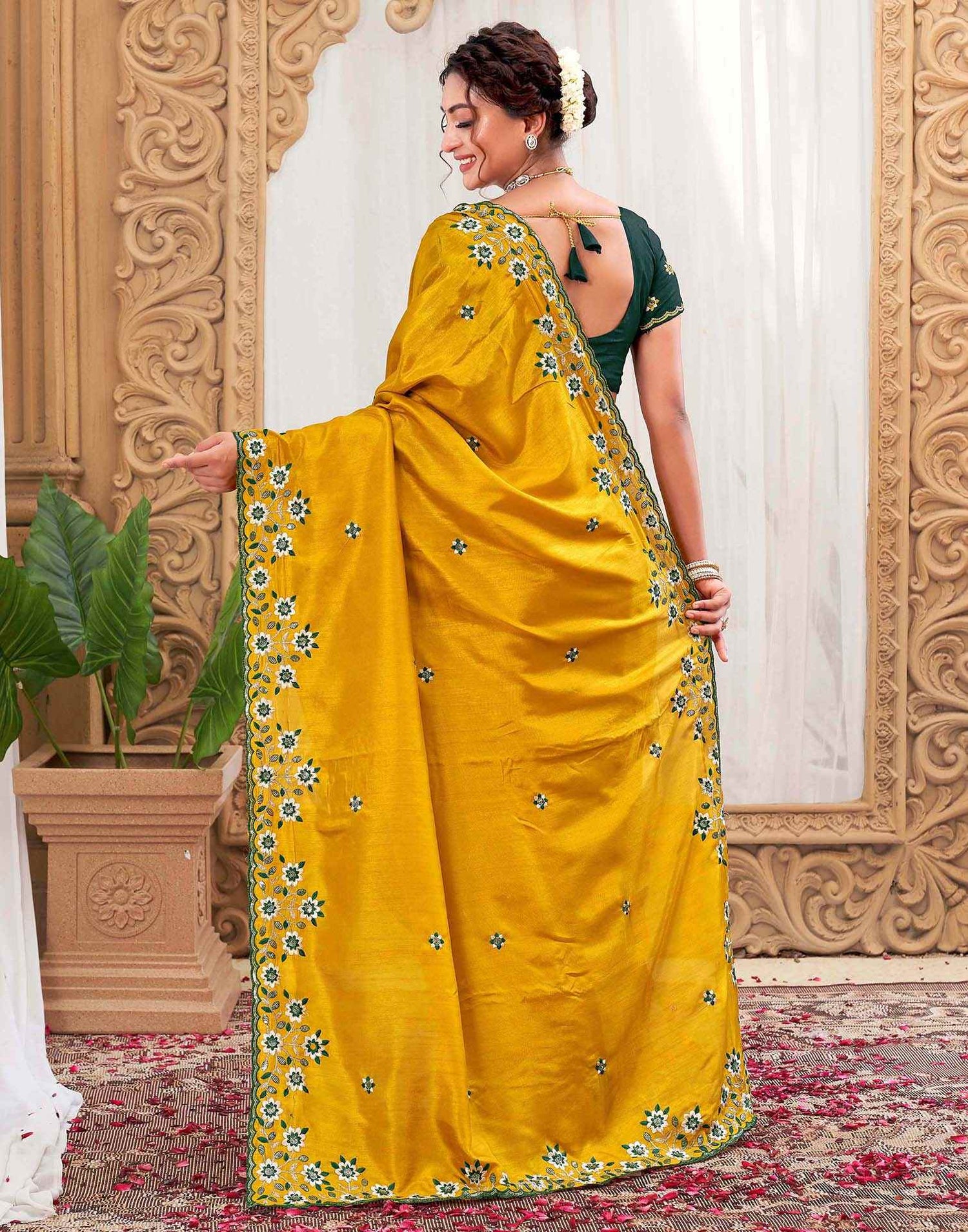 Mustard Yellow Silk Sequence Embroidery Saree