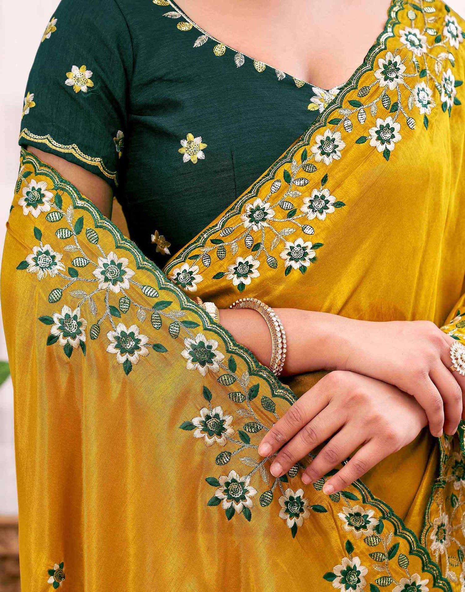 Mustard Yellow Silk Sequence Embroidery Saree