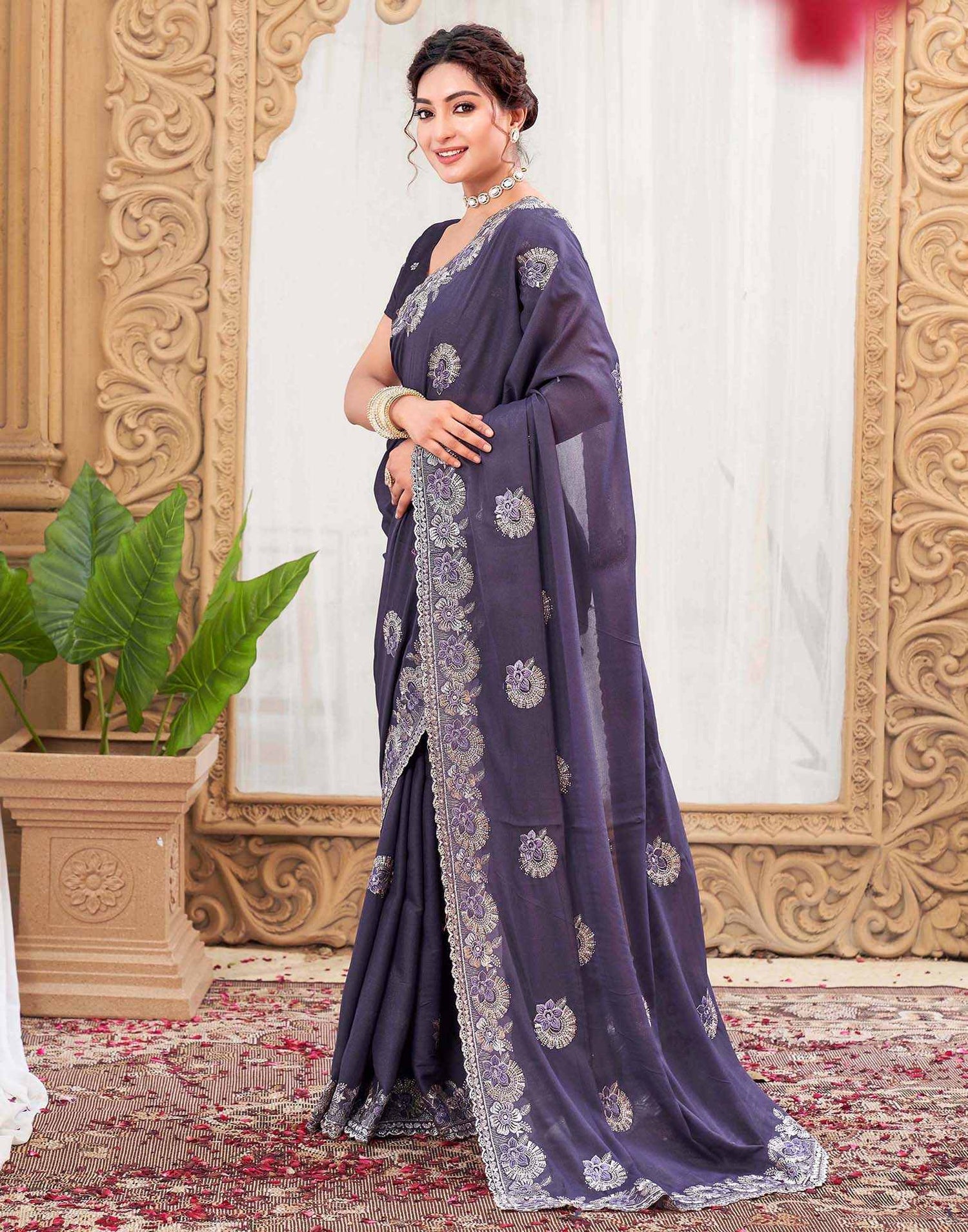 Plum Purple Silk Sequence Embroidery Saree