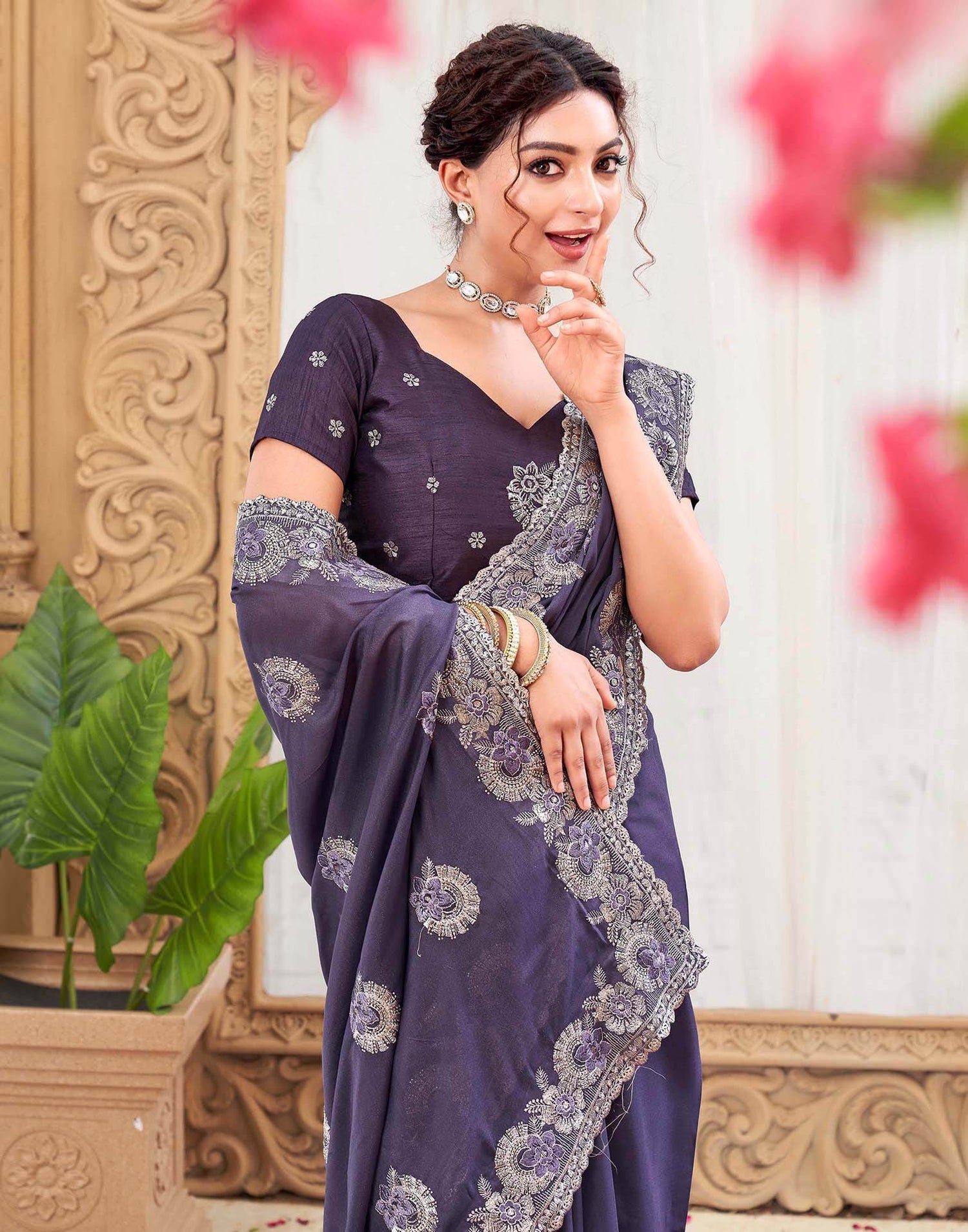 Plum Purple Silk Sequence Embroidery Saree