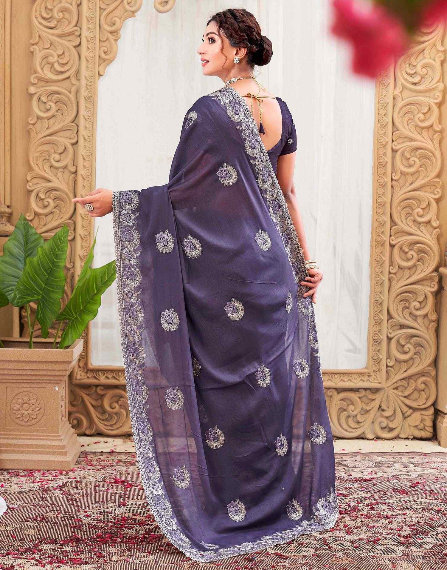 Plum Purple Silk Sequence Embroidery Saree
