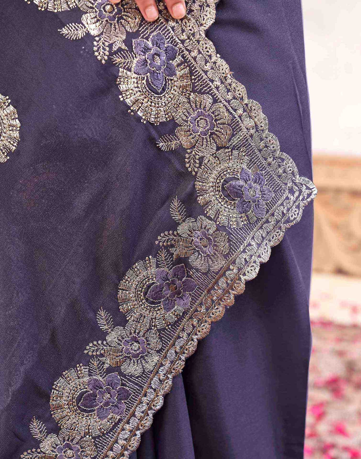 Plum Purple Silk Sequence Embroidery Saree