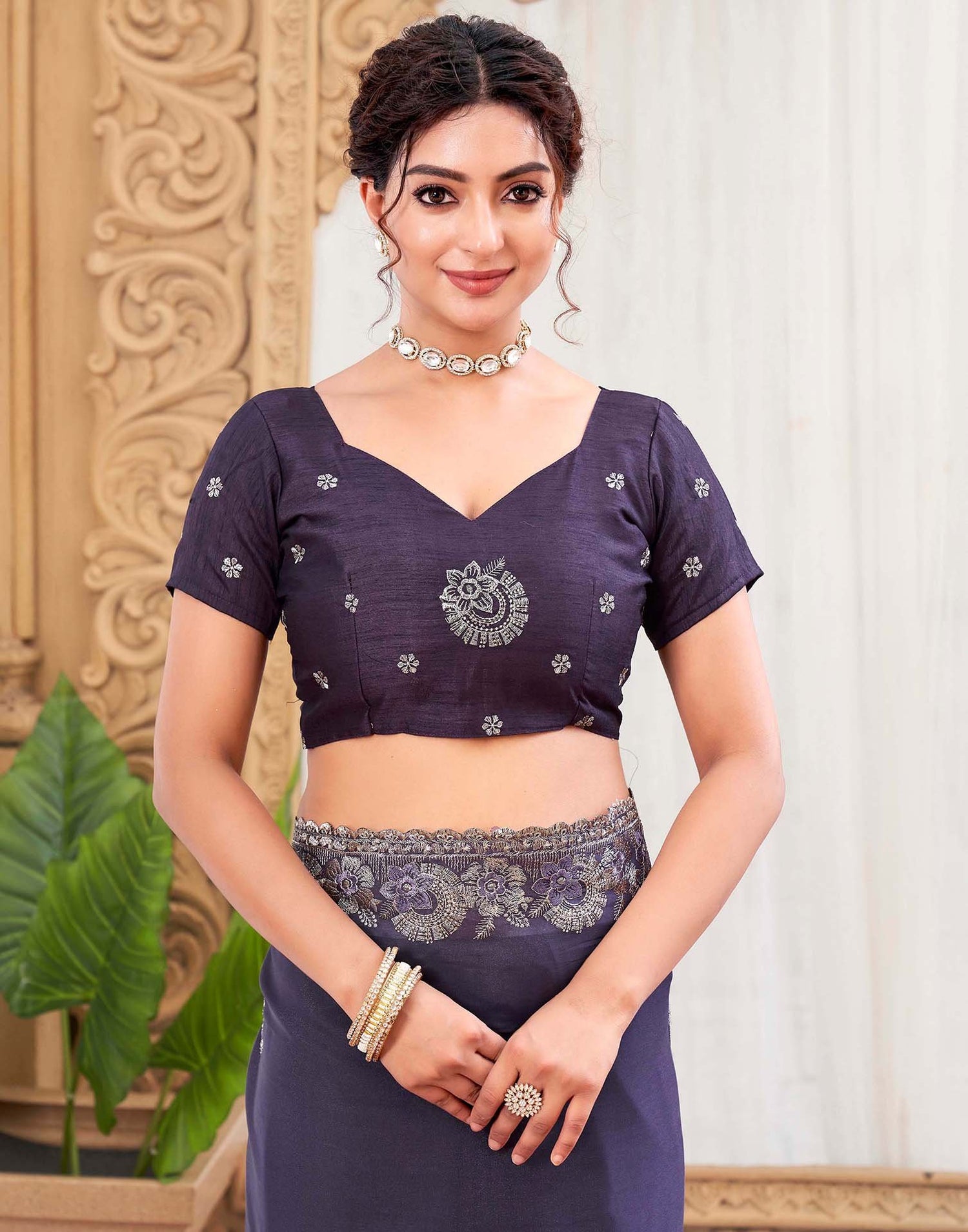 Plum Purple Silk Sequence Embroidery Saree