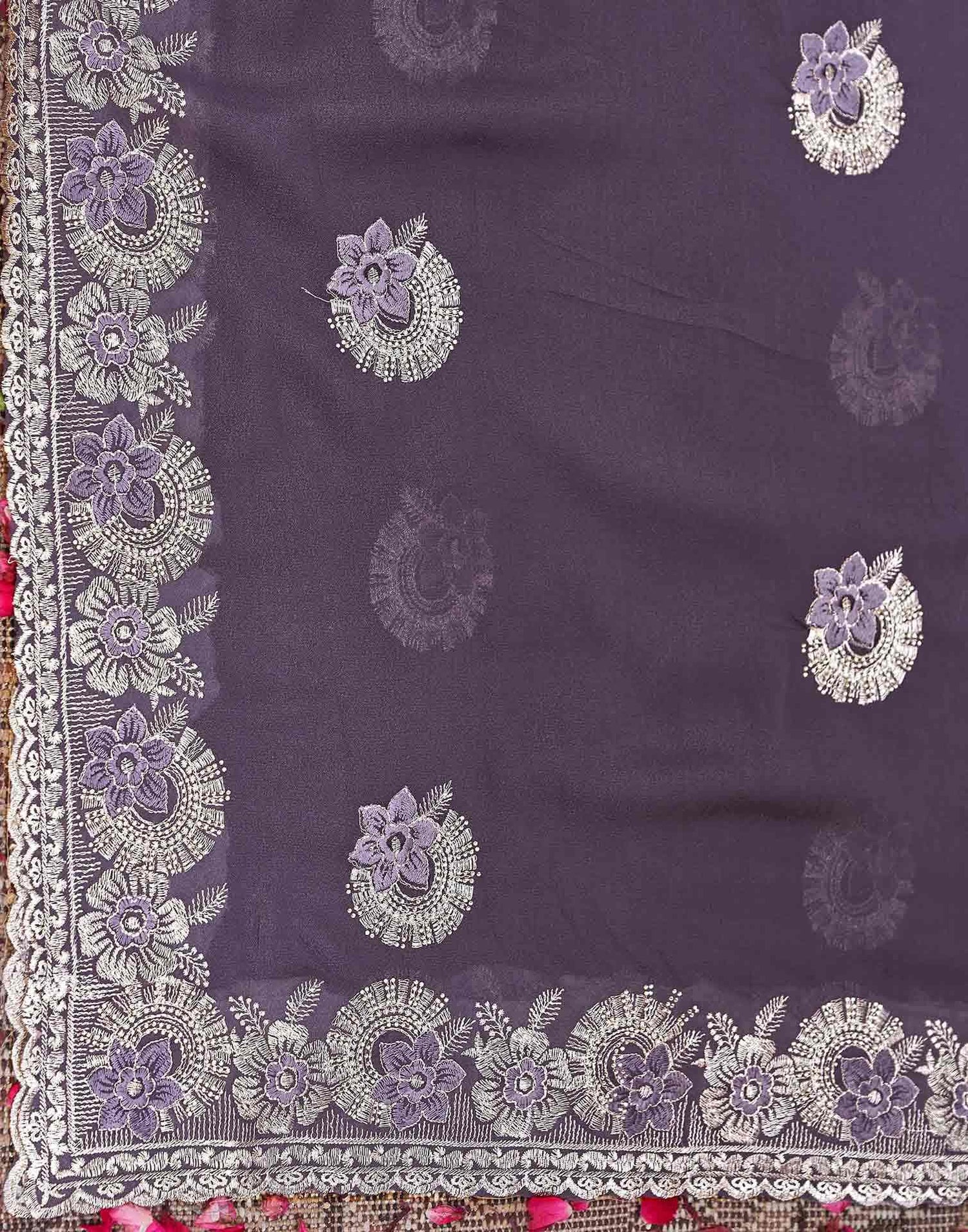 Plum Purple Silk Sequence Embroidery Saree