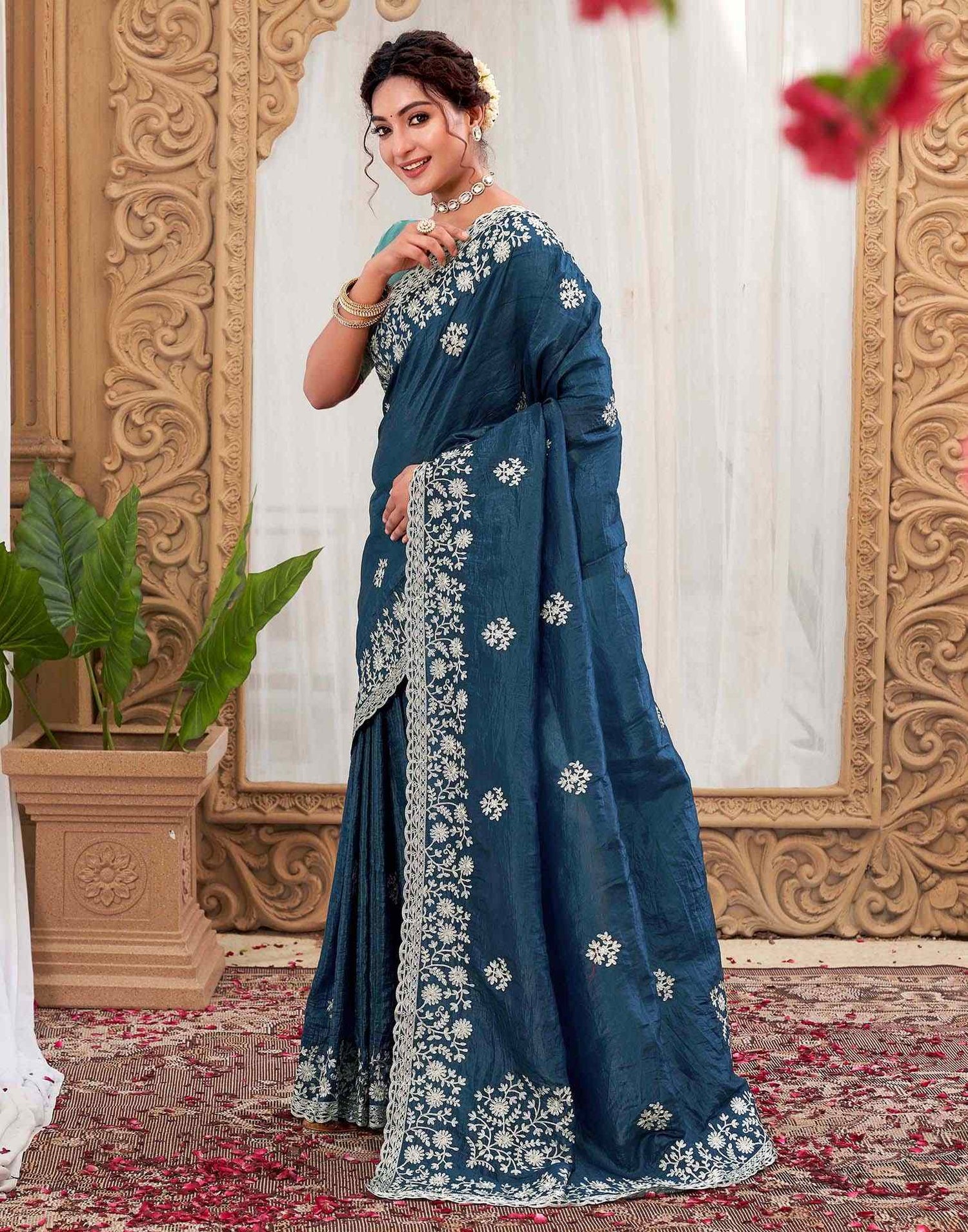 Rama Blue Organza Embroidery Saree