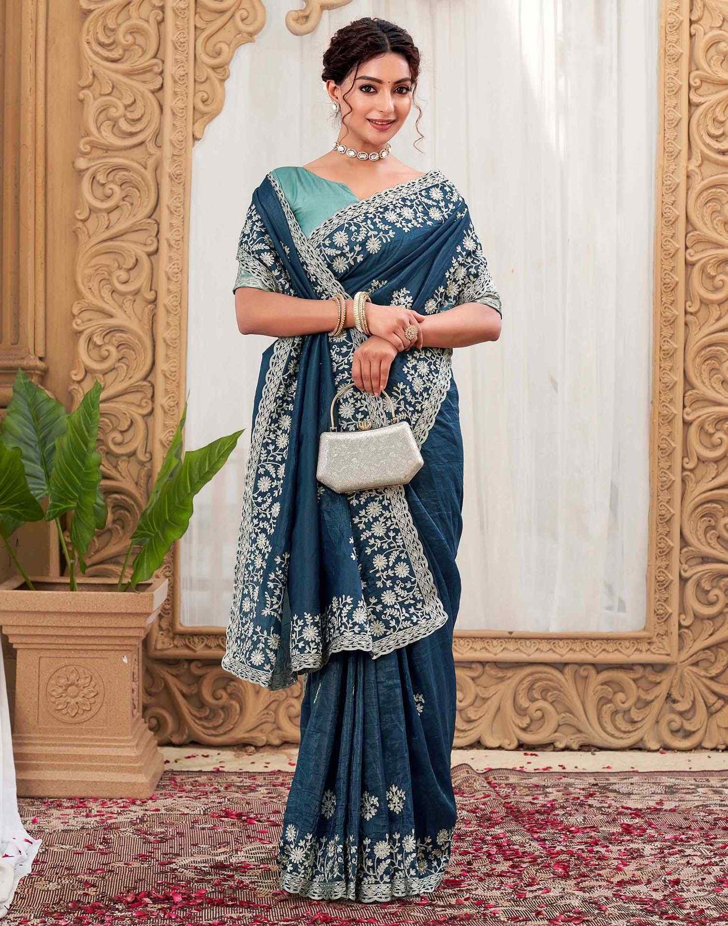 Rama Blue Organza Embroidery Saree