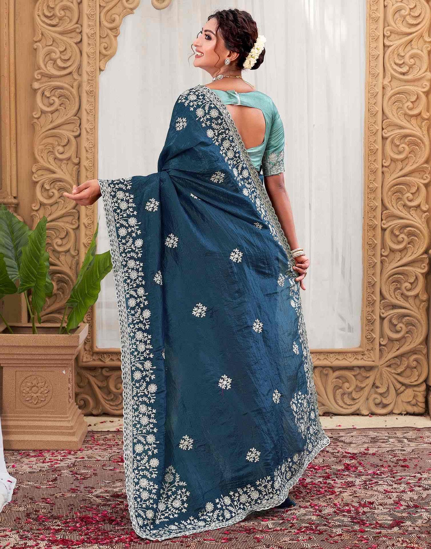 Rama Blue Organza Embroidery Saree