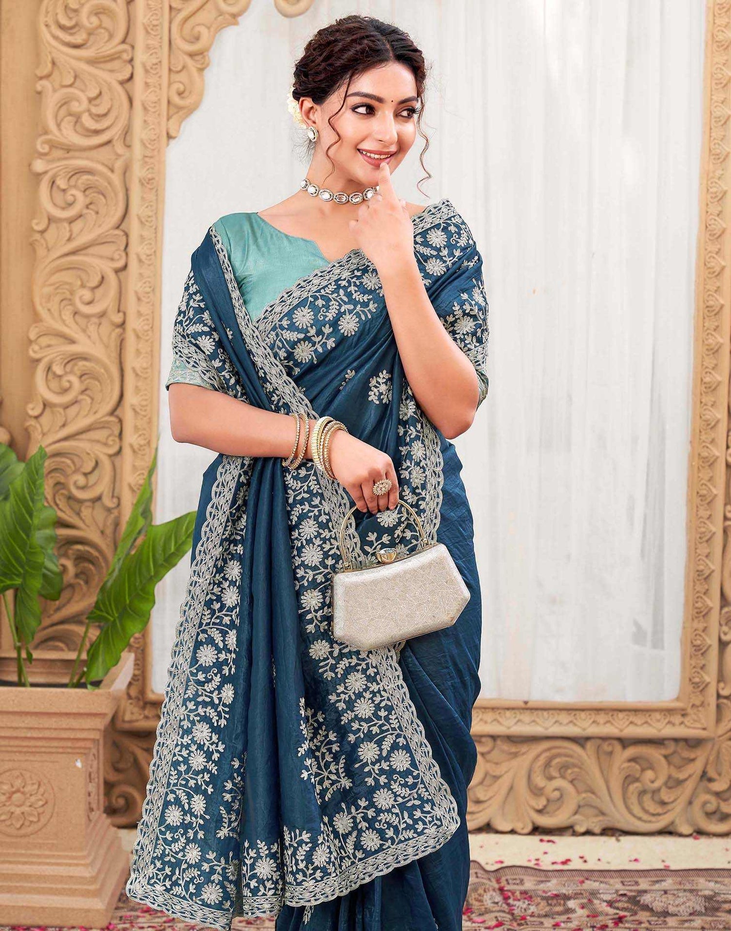 Rama Blue Organza Embroidery Saree
