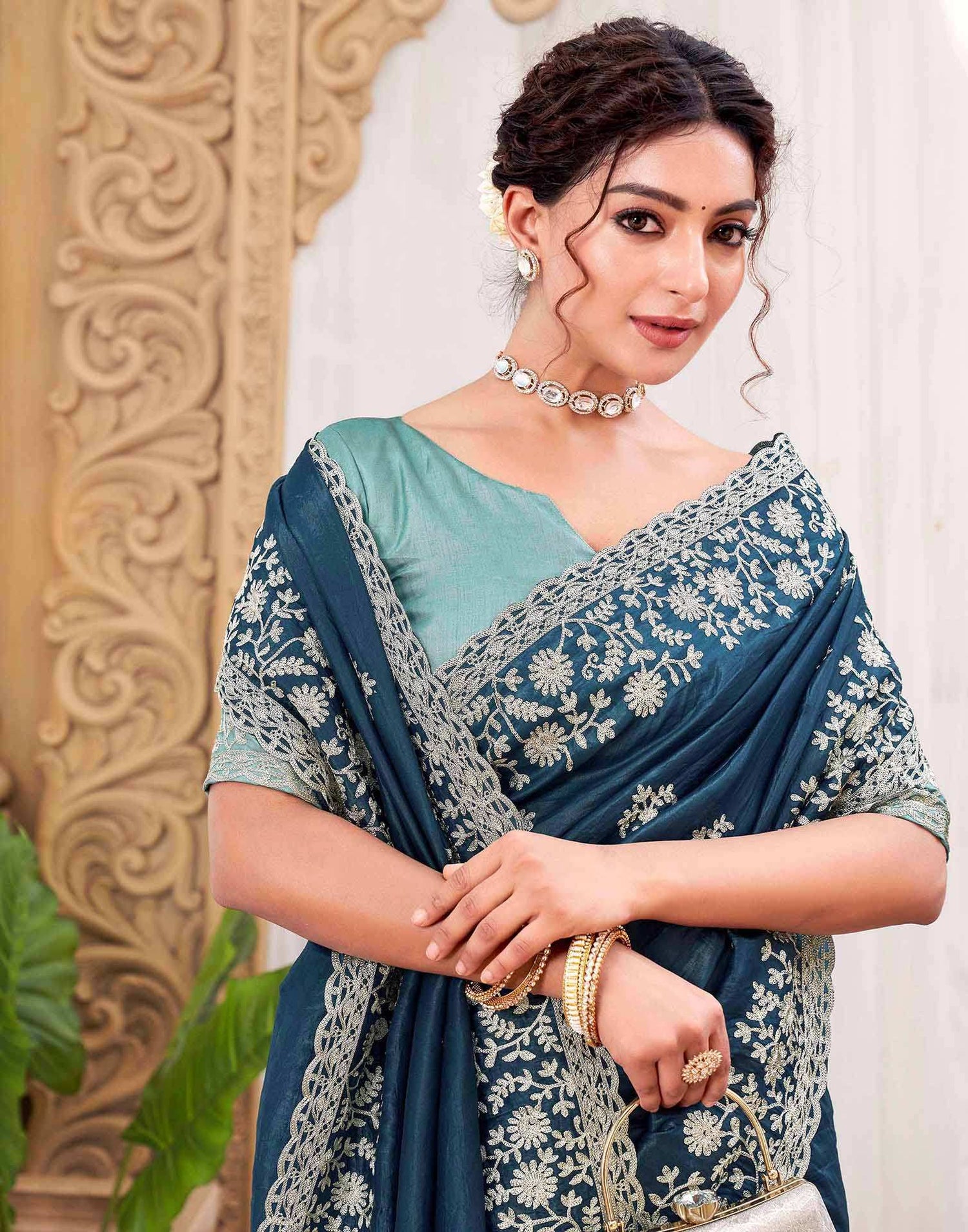 Rama Blue Organza Embroidery Saree