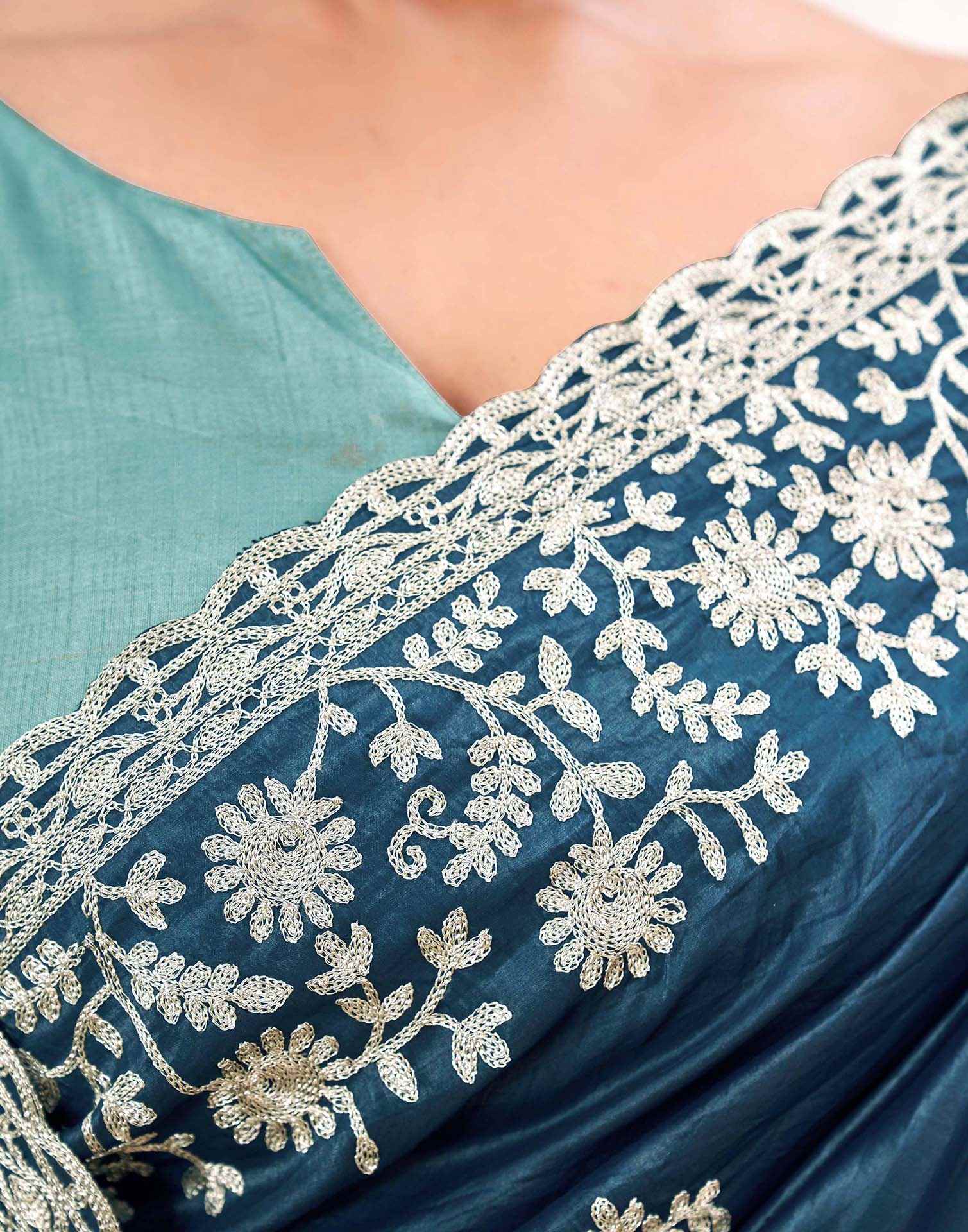 Rama Blue Organza Embroidery Saree