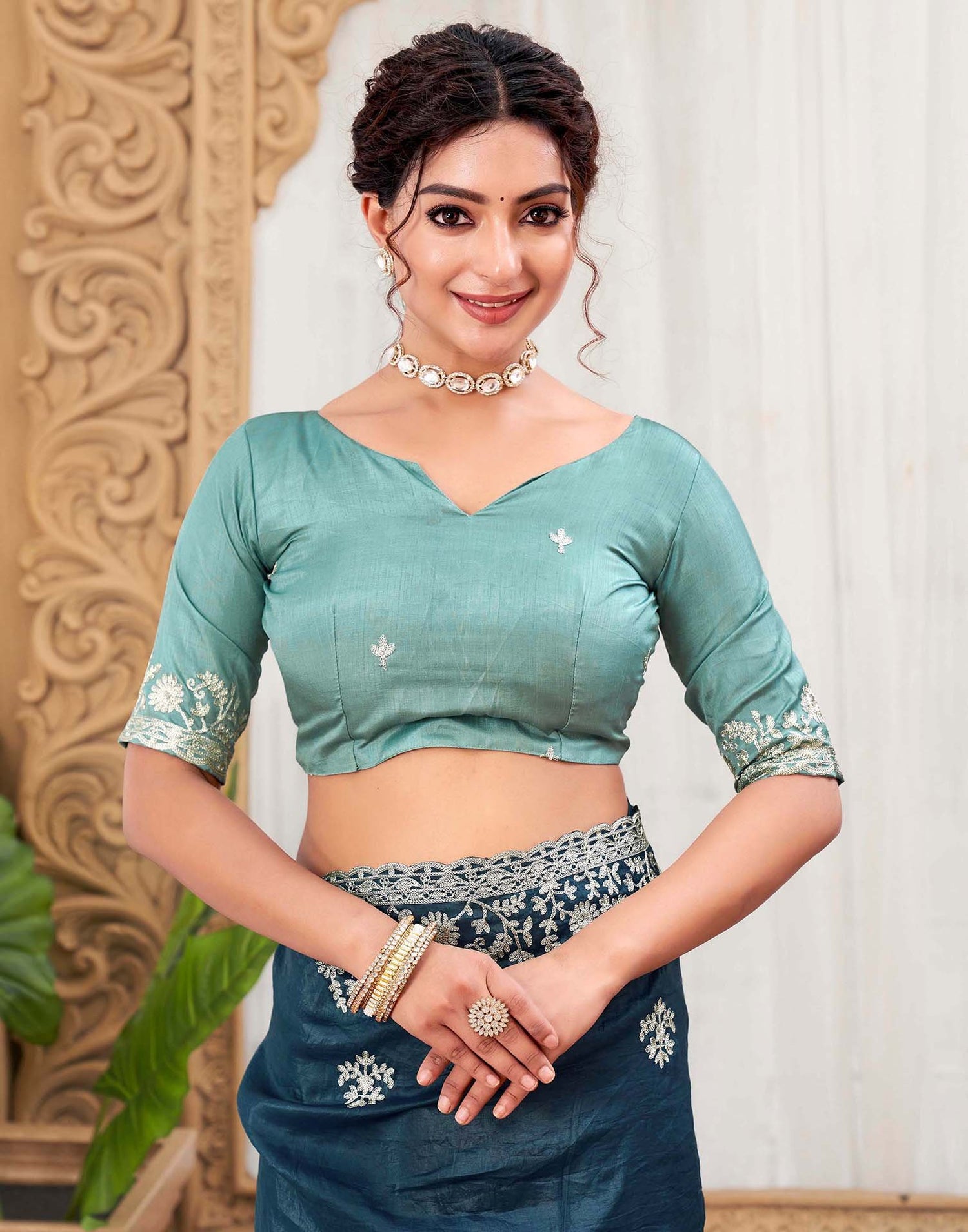 Rama Blue Organza Embroidery Saree