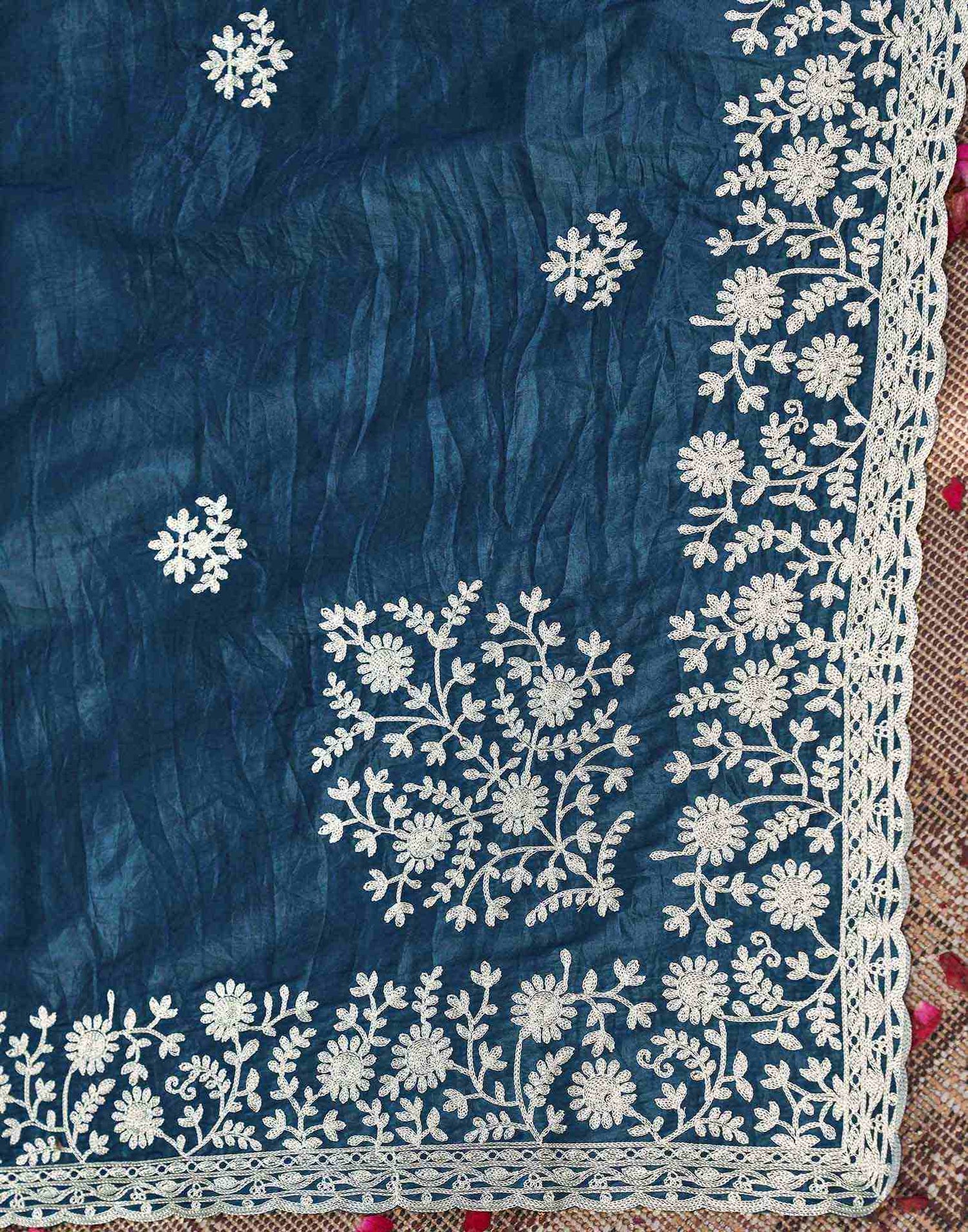 Rama Blue Organza Embroidery Saree
