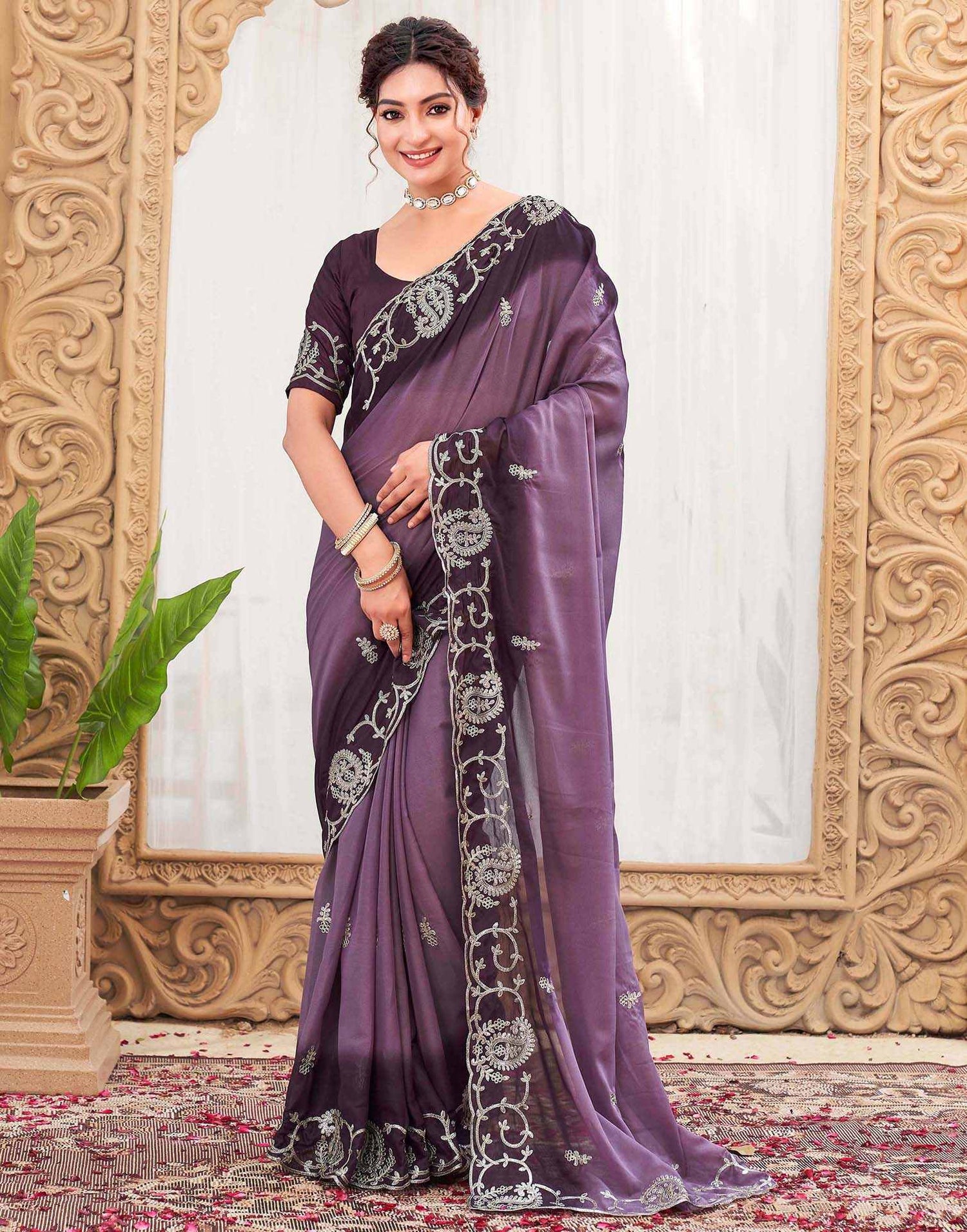 Plum Purple Silk Embroidery Saree