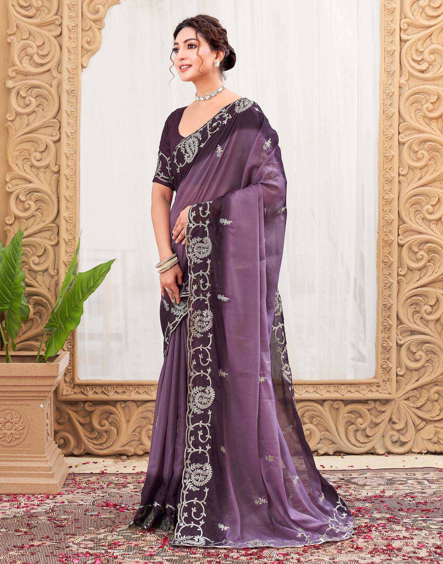 Plum Purple Silk Embroidery Saree