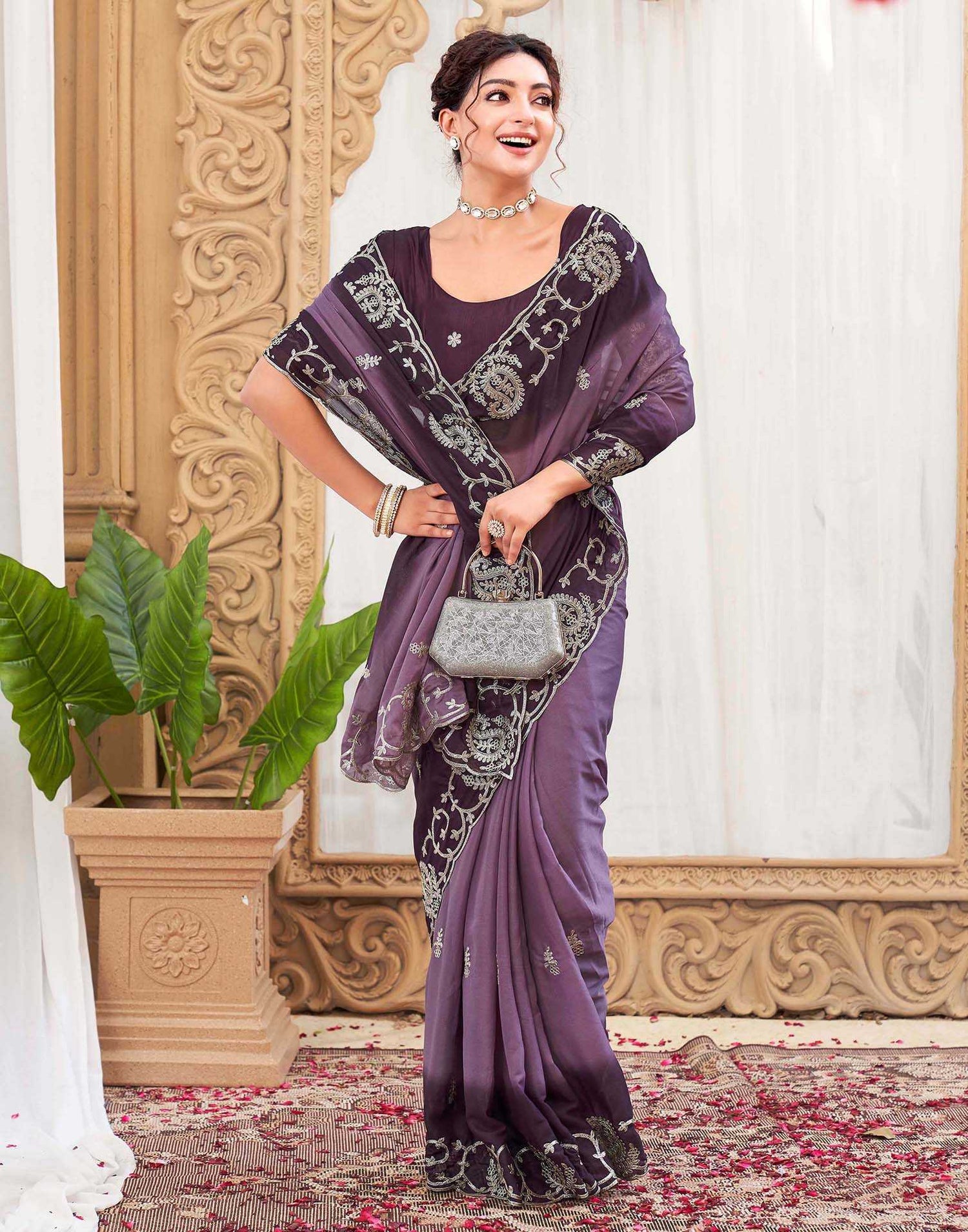 Plum Purple Silk Embroidery Saree