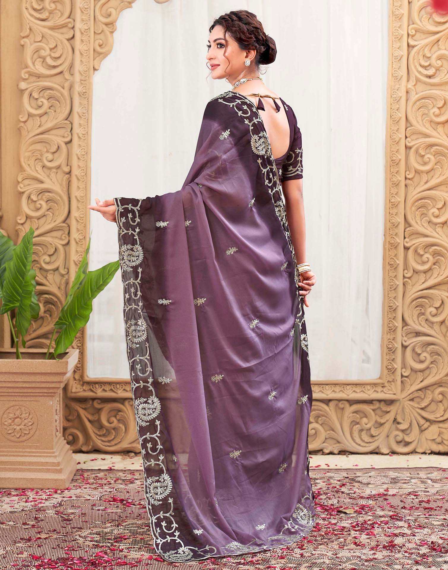 Plum Purple Silk Embroidery Saree
