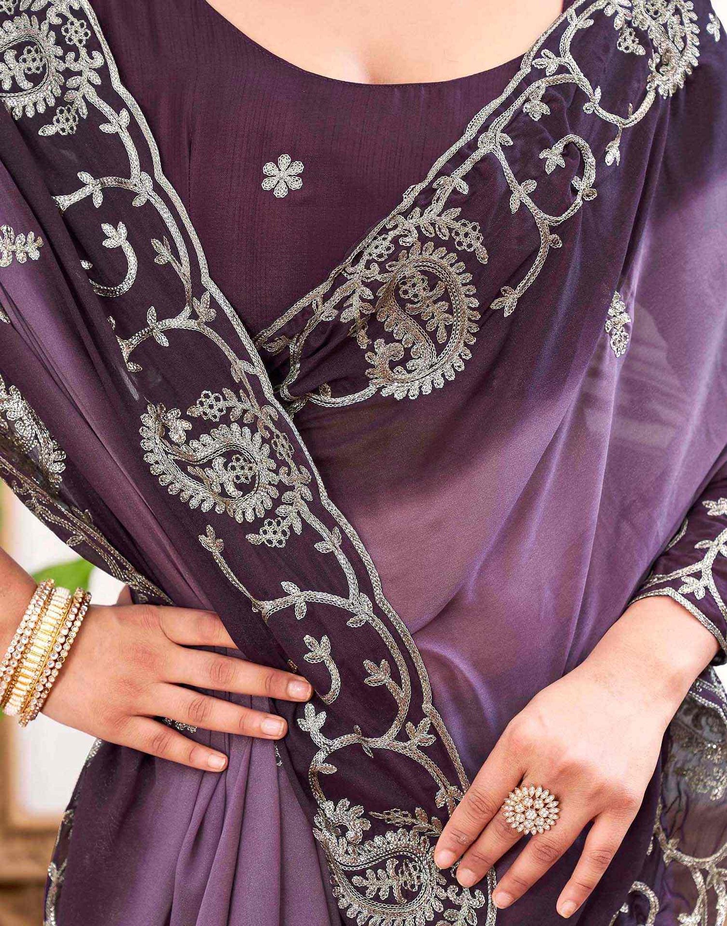 Plum Purple Silk Embroidery Saree