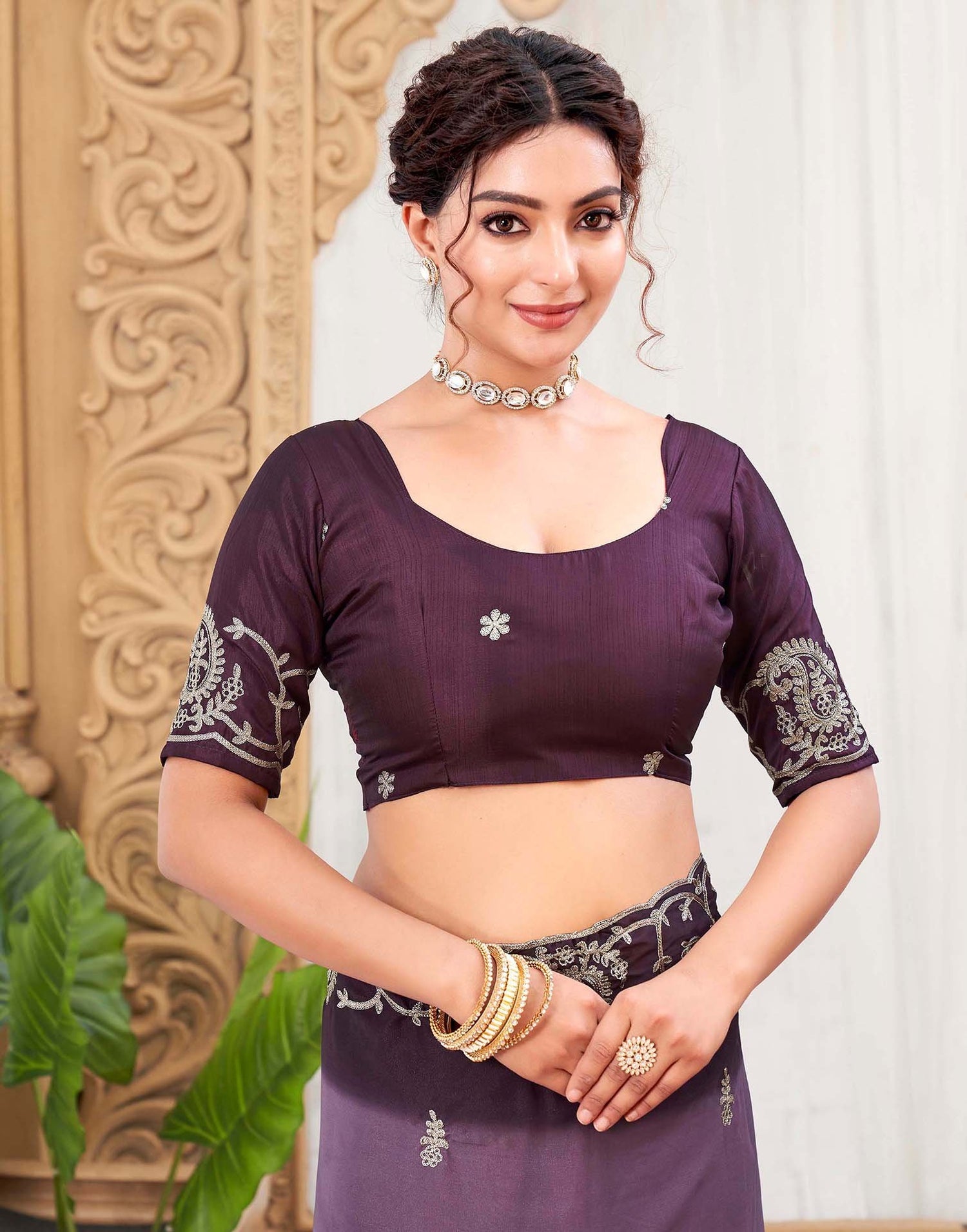 Plum Purple Silk Embroidery Saree