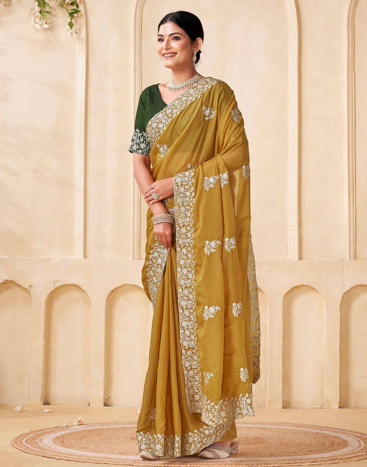 Mustard Yellow Silk Embroidery Saree