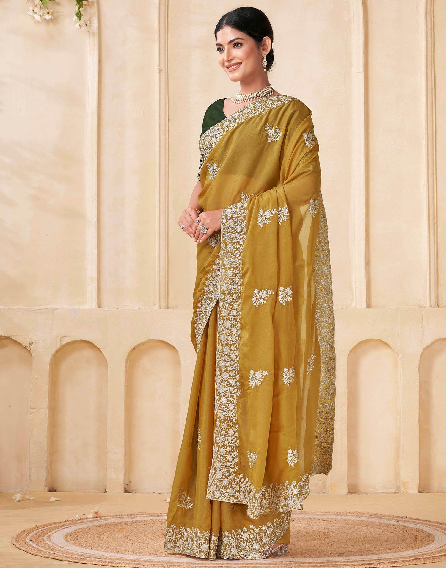 Mustard Yellow Silk Embroidery Saree