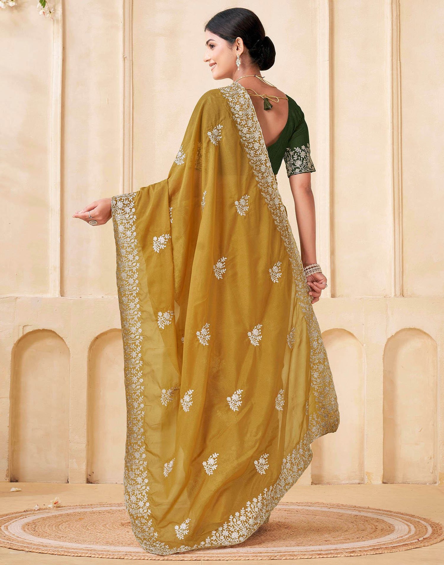 Mustard Yellow Silk Embroidery Saree