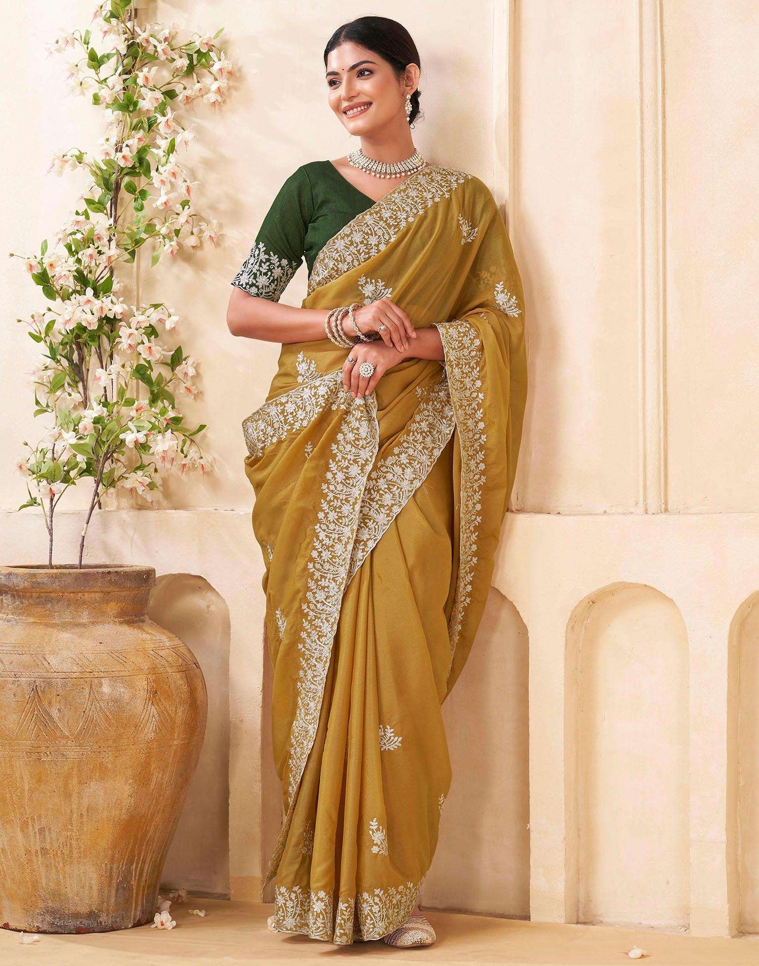 Mustard Yellow Silk Embroidery Saree
