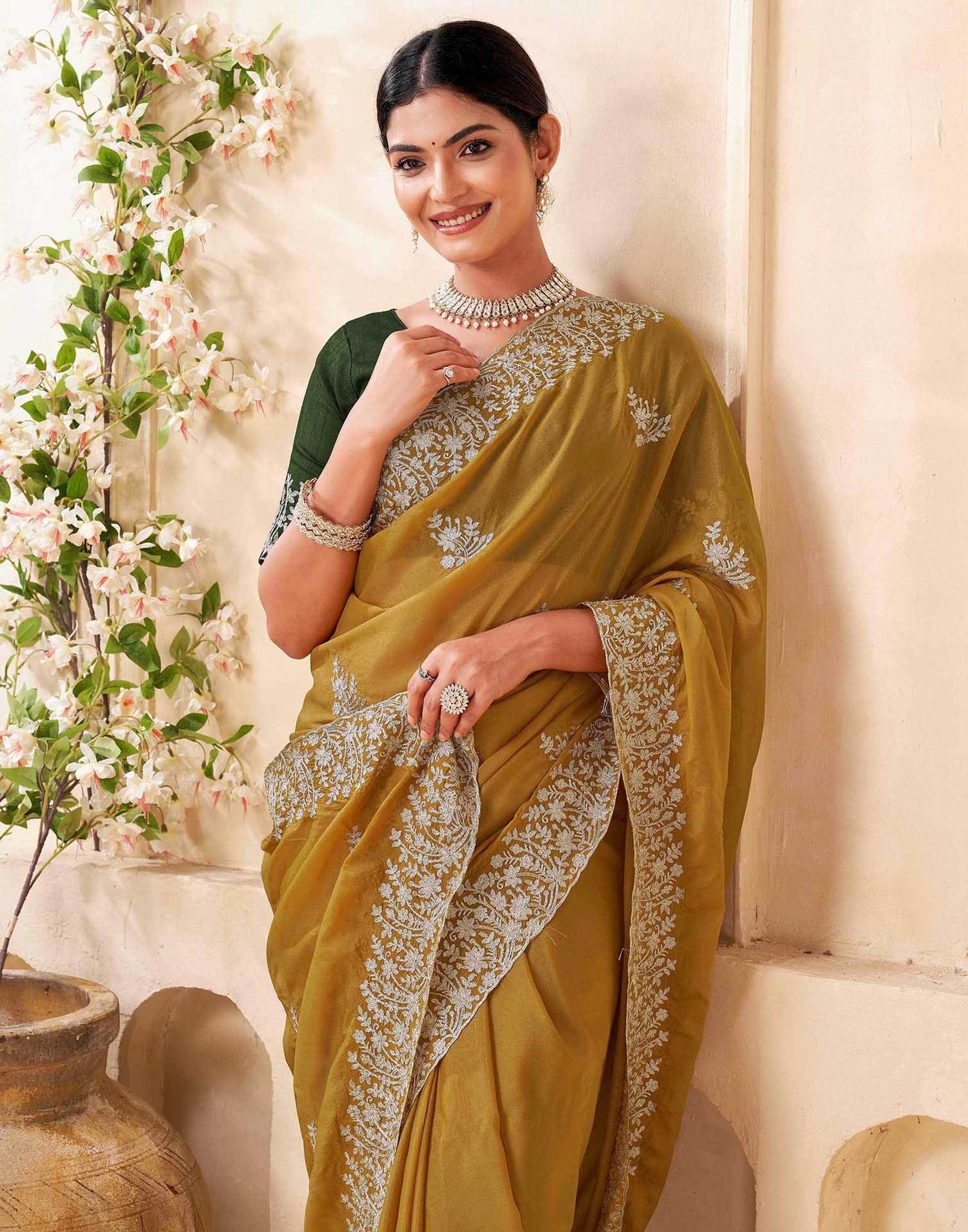 Mustard Yellow Silk Embroidery Saree