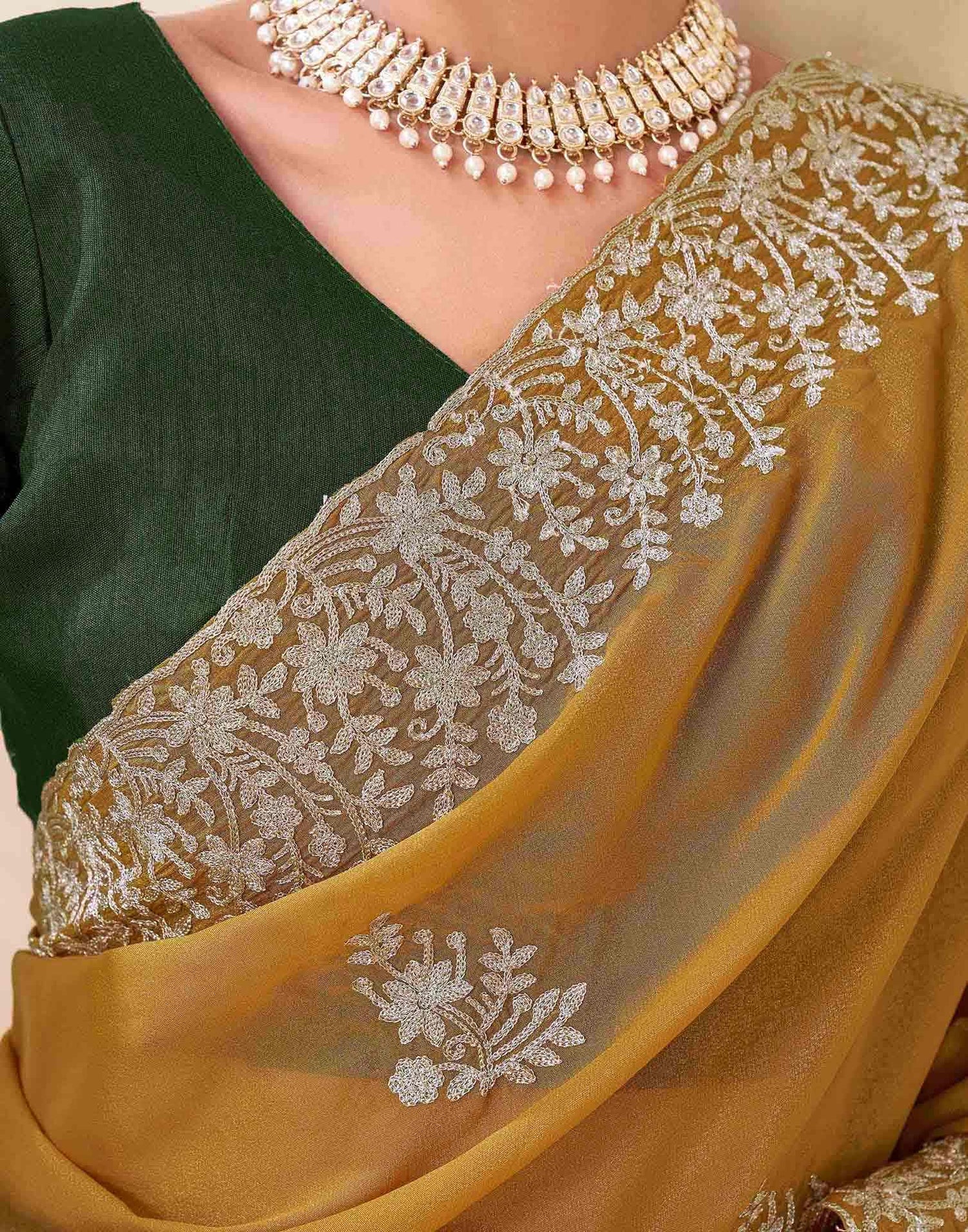 Mustard Yellow Silk Embroidery Saree