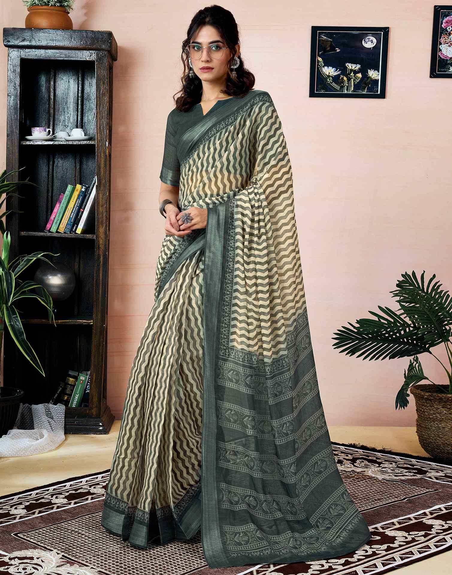 Ready to Wear Beige Linen Printed Saree With Pocket