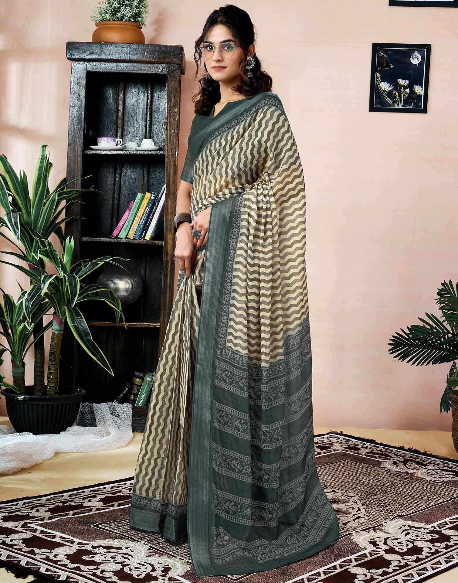 Ready to Wear Beige Linen Printed Saree With Pocket