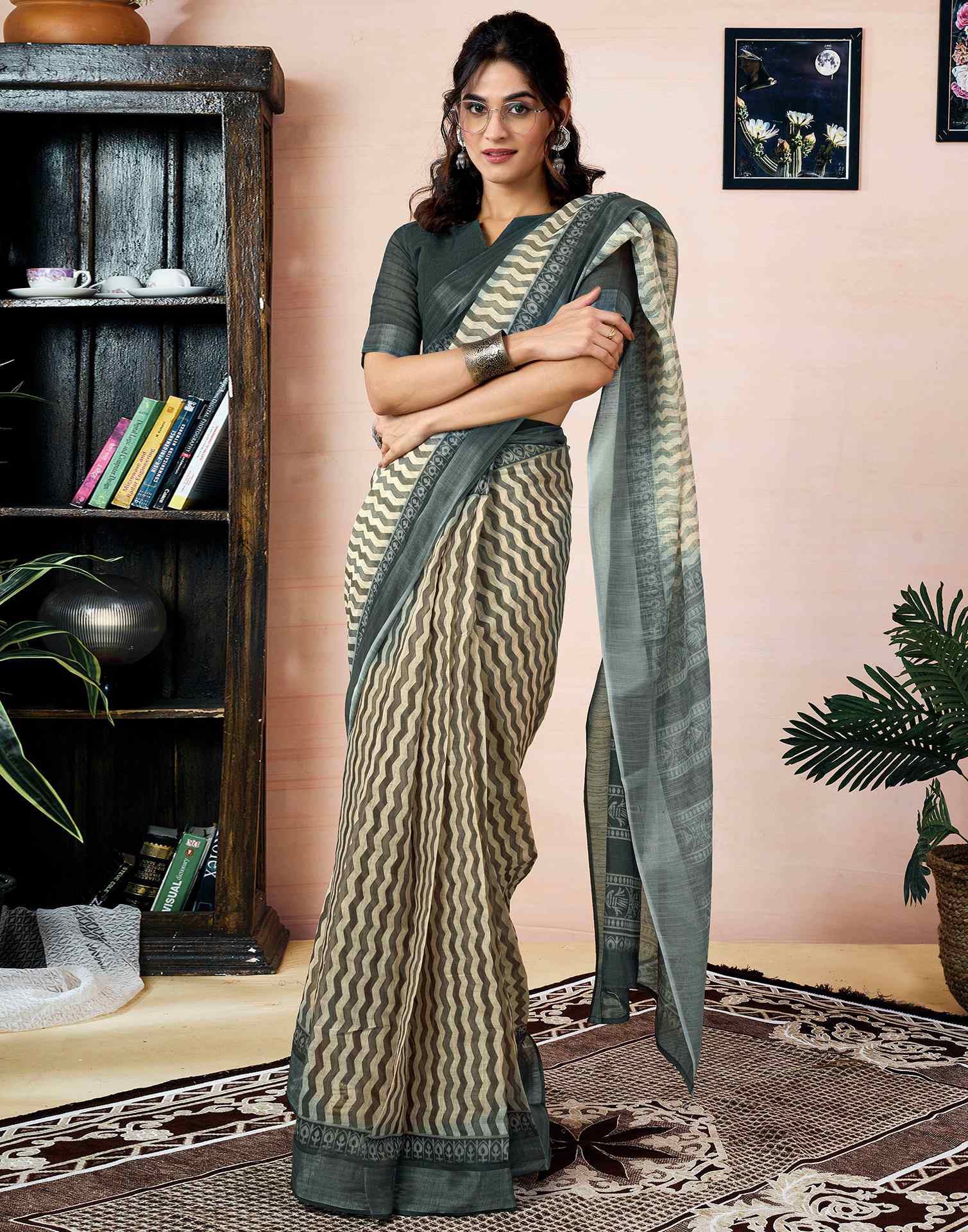Ready to Wear Beige Linen Printed Saree With Pocket
