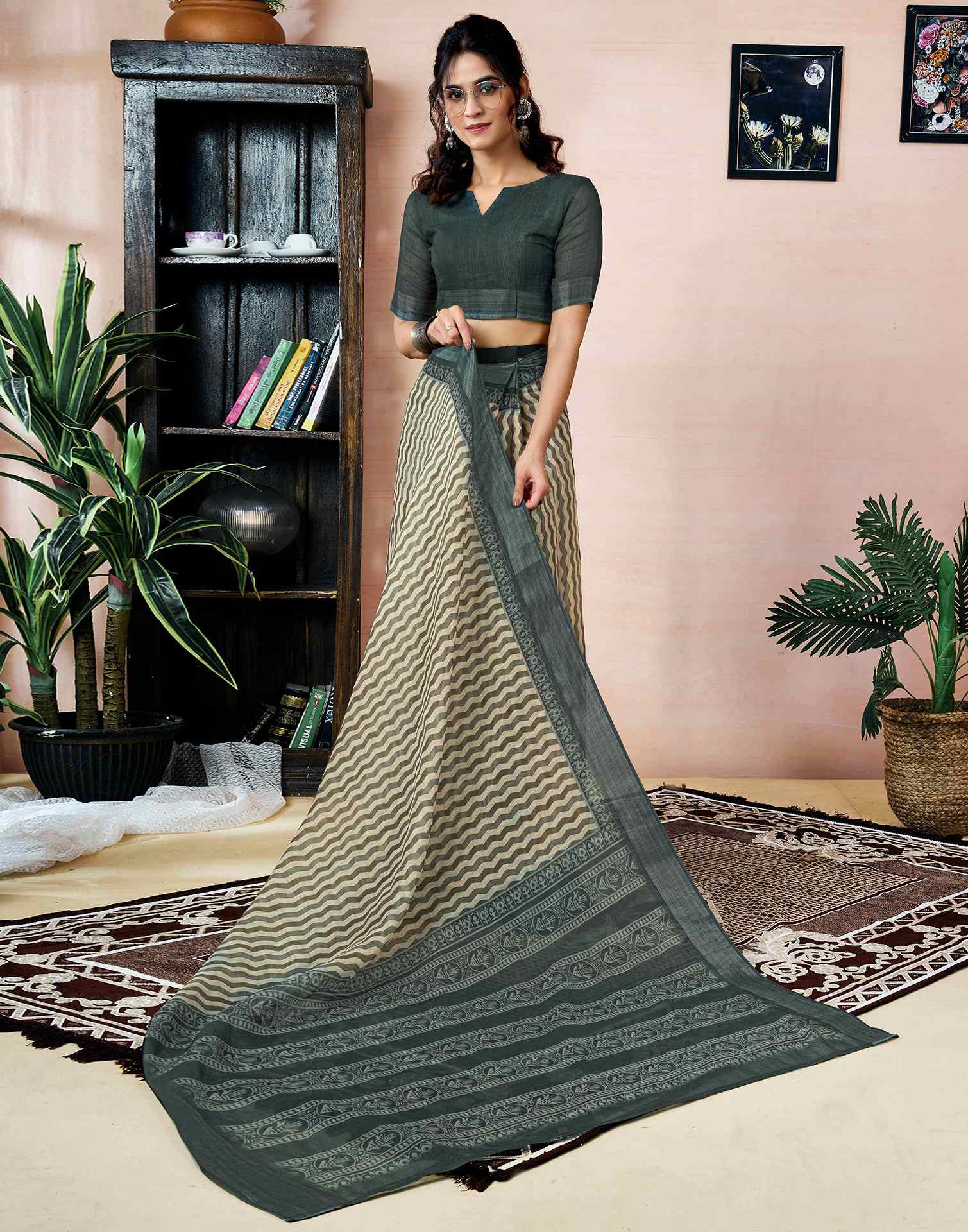 Ready to Wear Beige Linen Printed Saree With Pocket