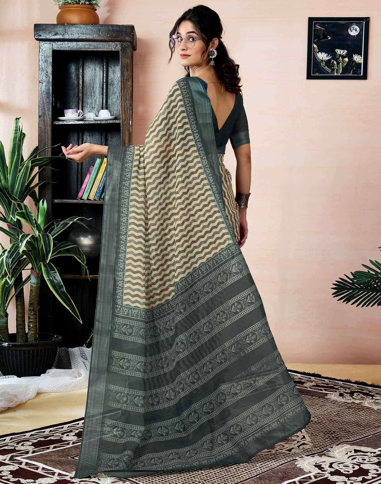 Ready to Wear Beige Linen Printed Saree With Pocket