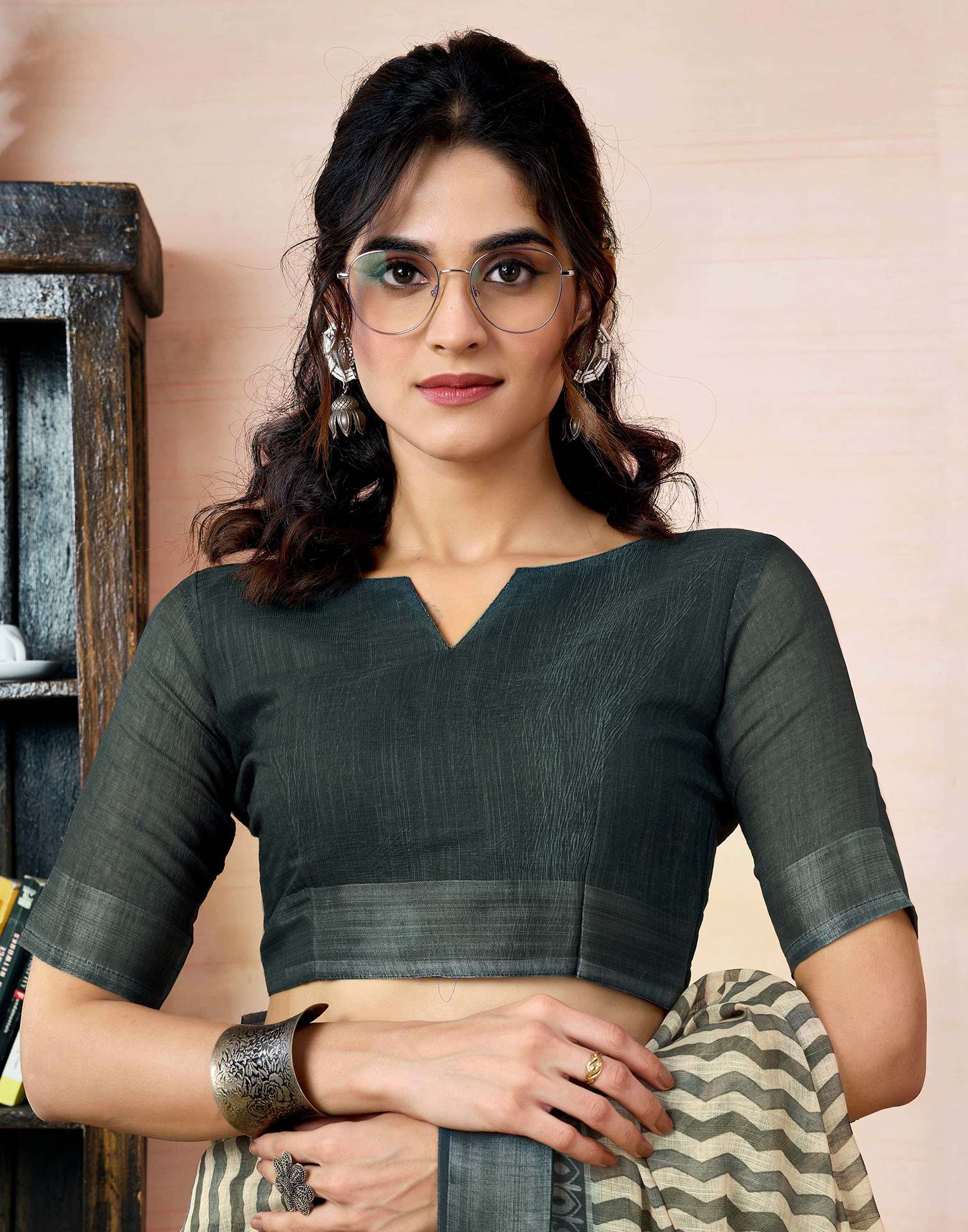 Ready to Wear Beige Linen Printed Saree With Pocket