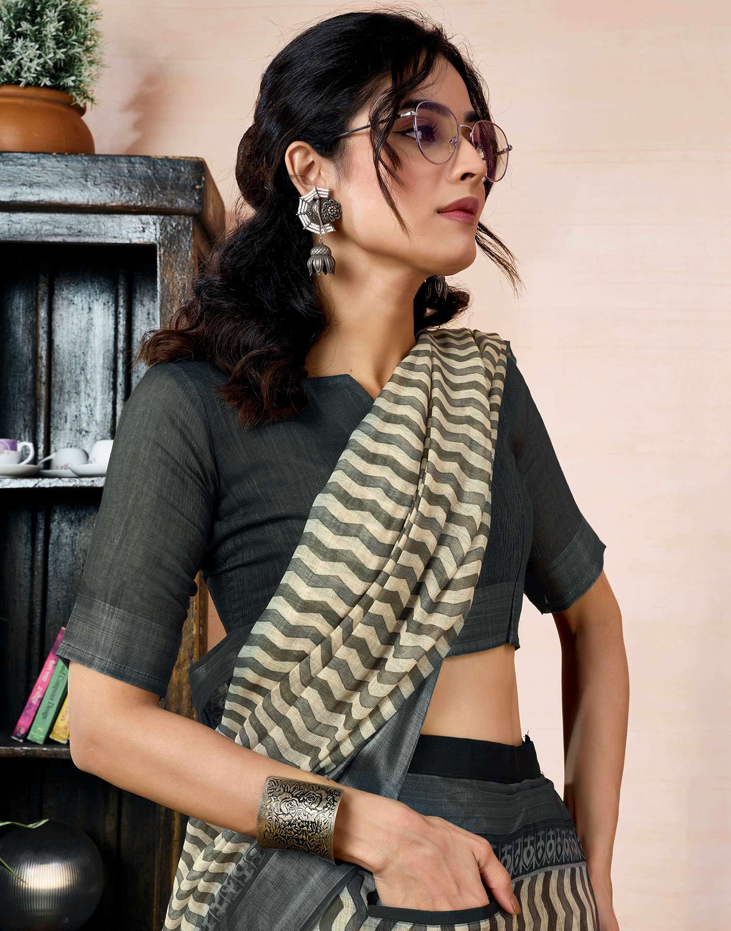 Ready to Wear Beige Linen Printed Saree With Pocket