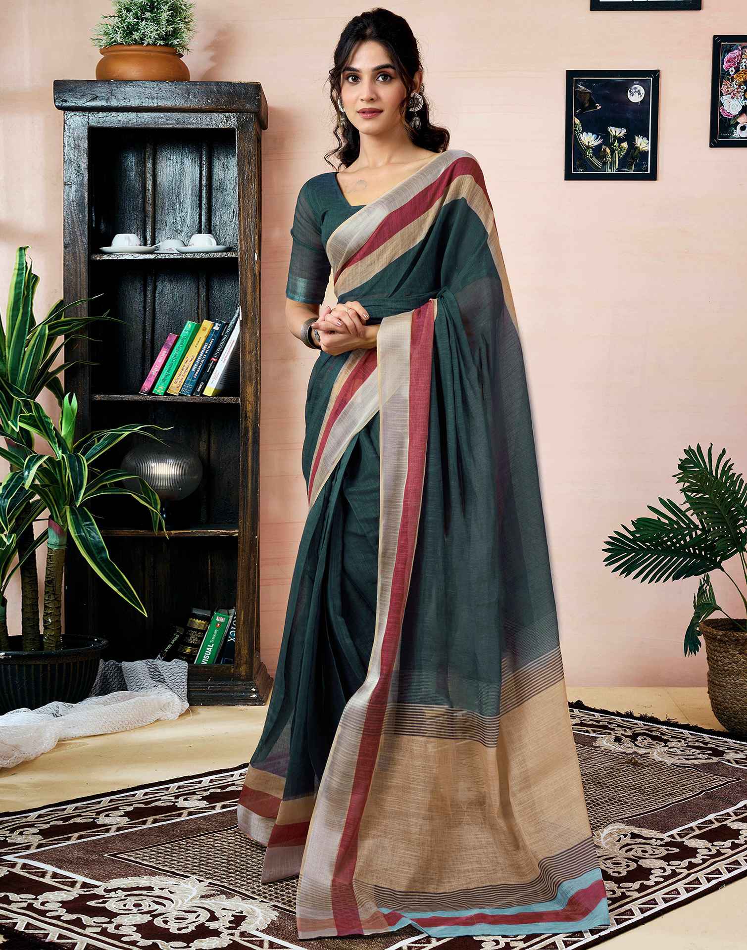 Ready To Wear Dark Grey Linen Printed Saree With Pocket