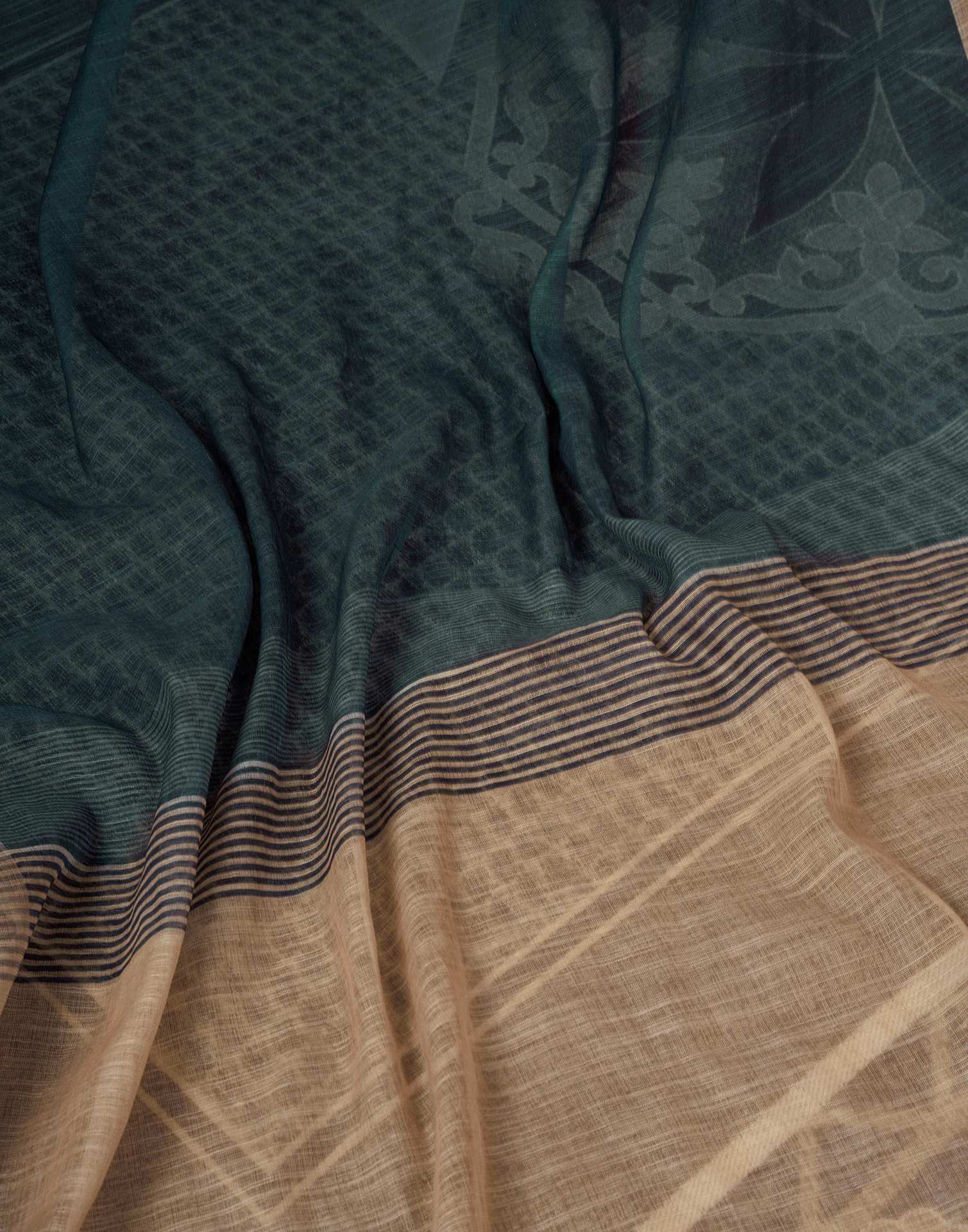 Ready To Wear Dark Grey Linen Printed Saree With Pocket
