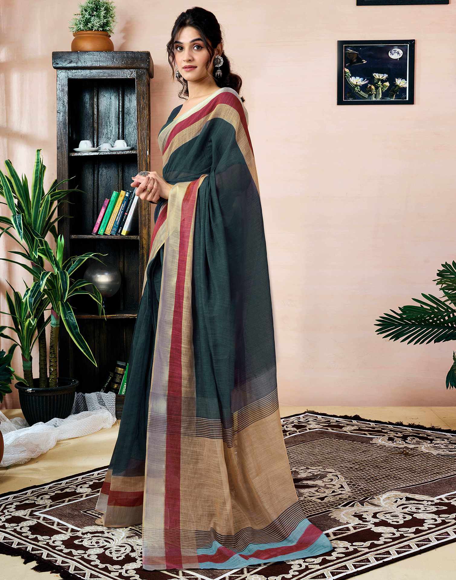 Ready To Wear Dark Grey Linen Printed Saree With Pocket