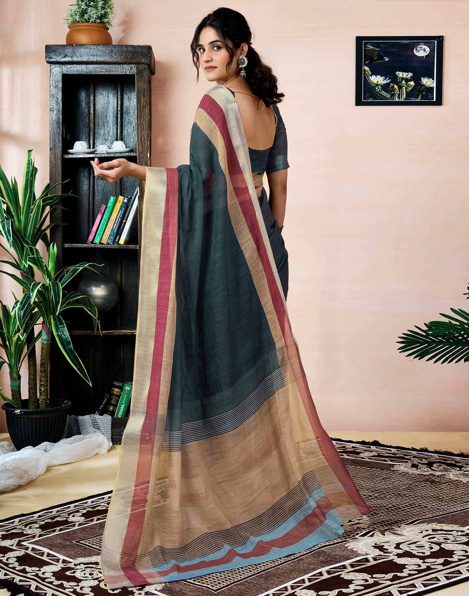 Ready To Wear Dark Grey Linen Printed Saree With Pocket