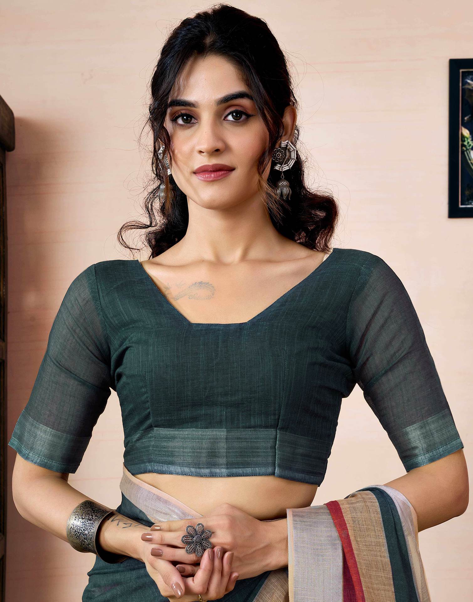 Ready To Wear Dark Grey Linen Printed Saree With Pocket